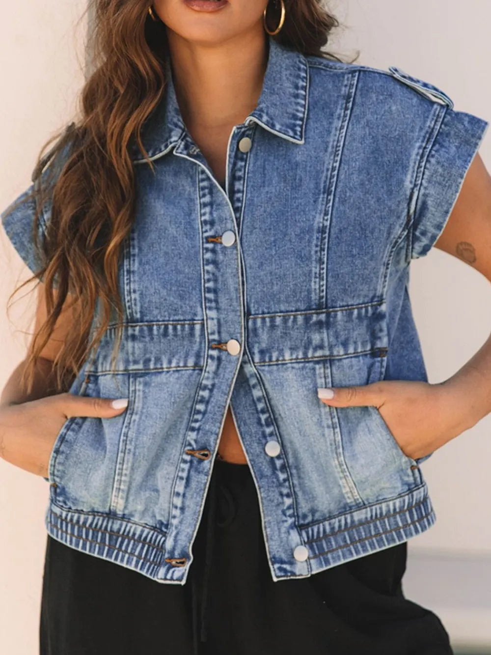 Button Up Cap Sleeve Denim Jacket, view 4