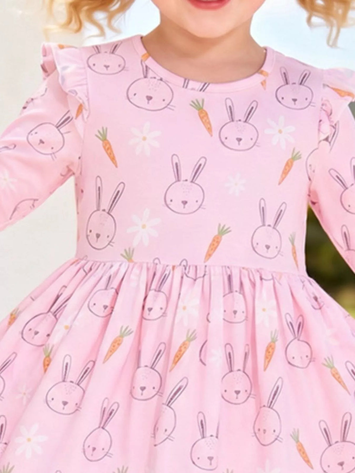 Children's Bunny and Carrot Print Ruffle Sleeve A-Line Dress - Lilixa.store