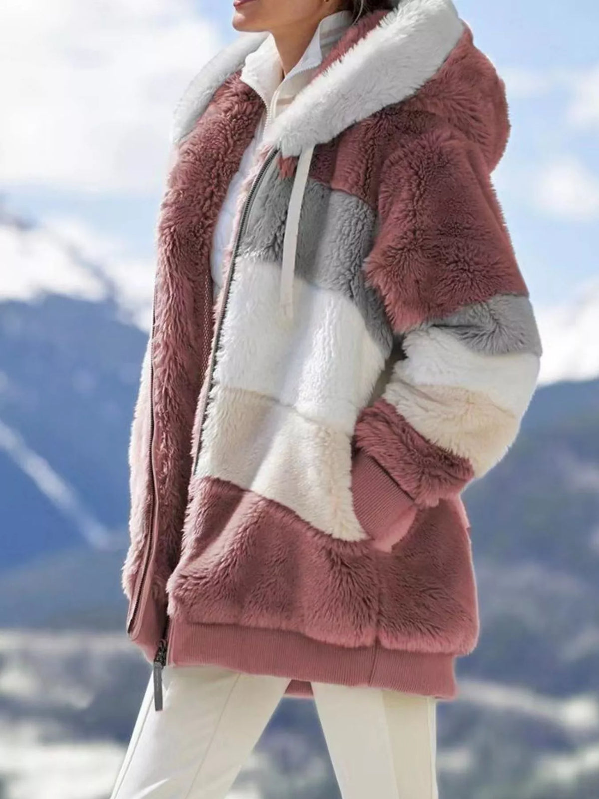 Full Size Fuzzy Zip Up Hooded Outerwear Plus Size, view 4
