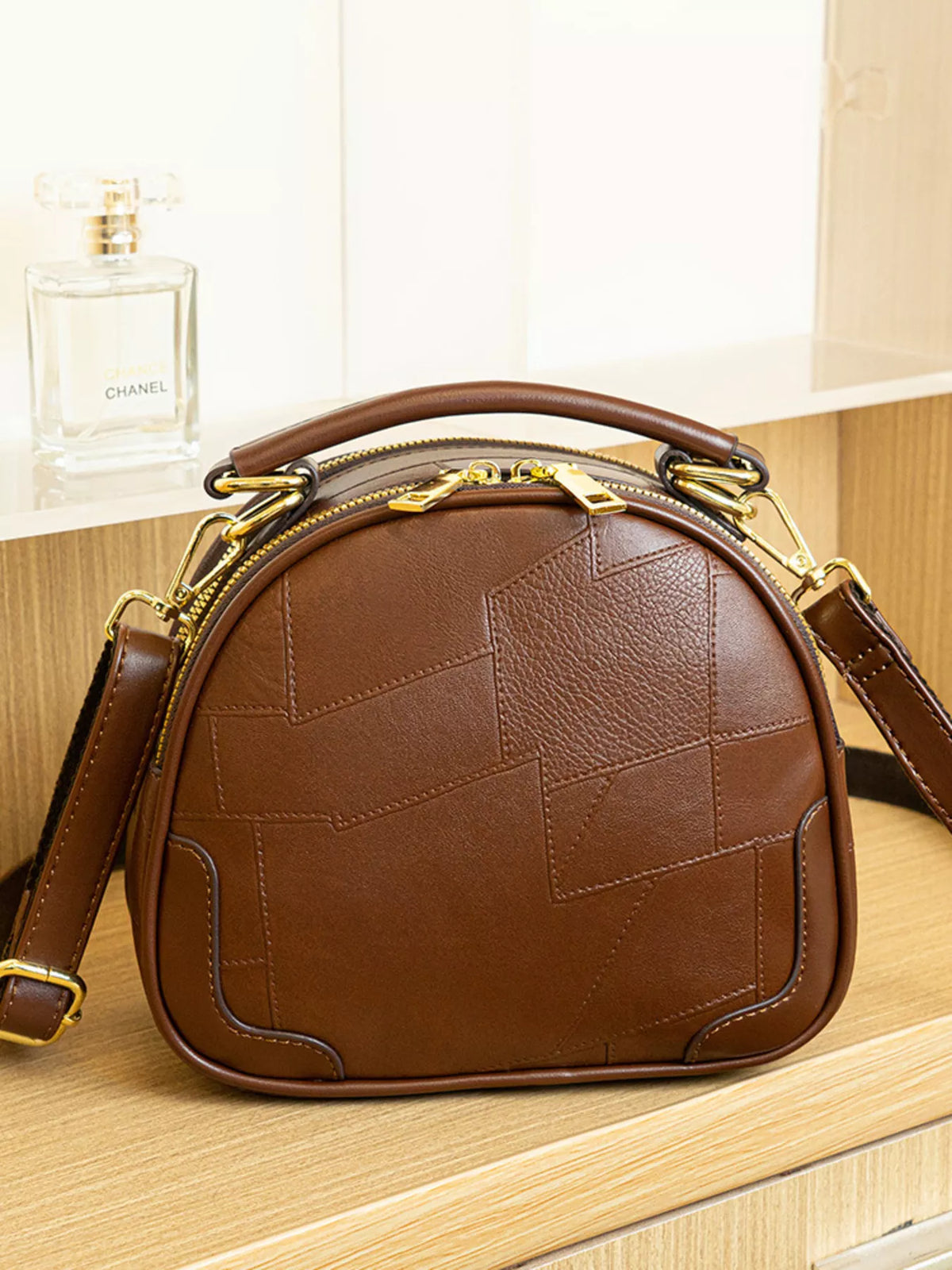 Patchwork Leather Crossbody Bag with Top Handle in Caramel, view 4