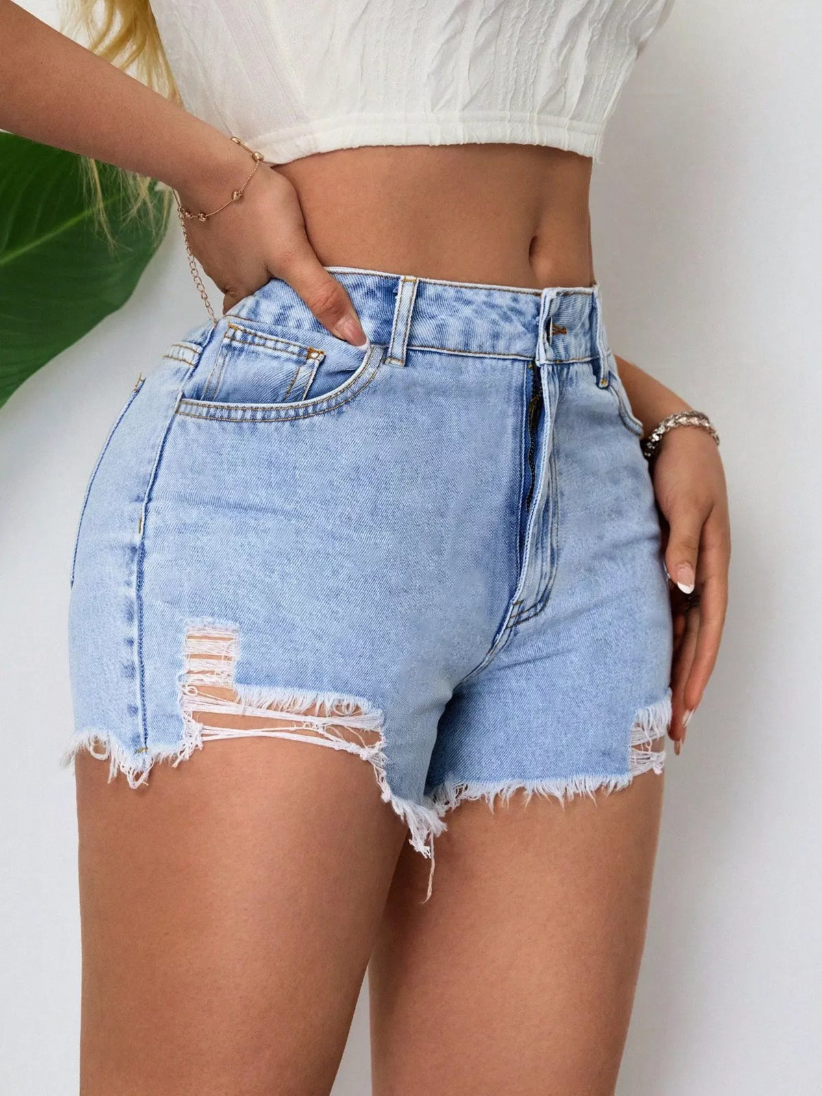 Distressed Raw Hem Denim Shorts - Lilixa.store
