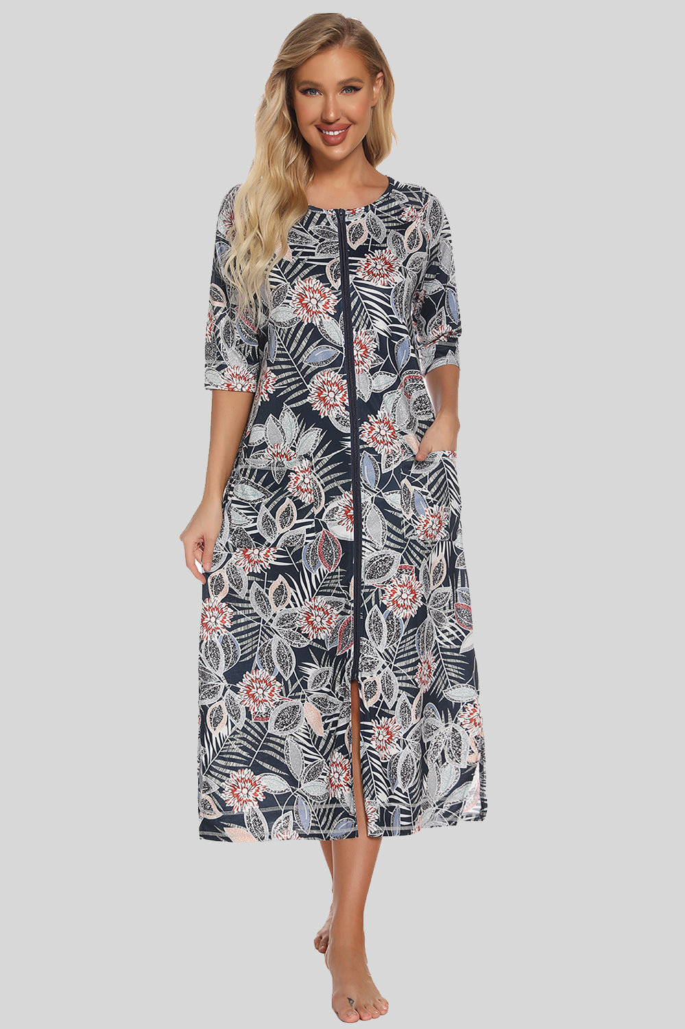 Printed Slit Night Dress with Pockets - Lilixa.store