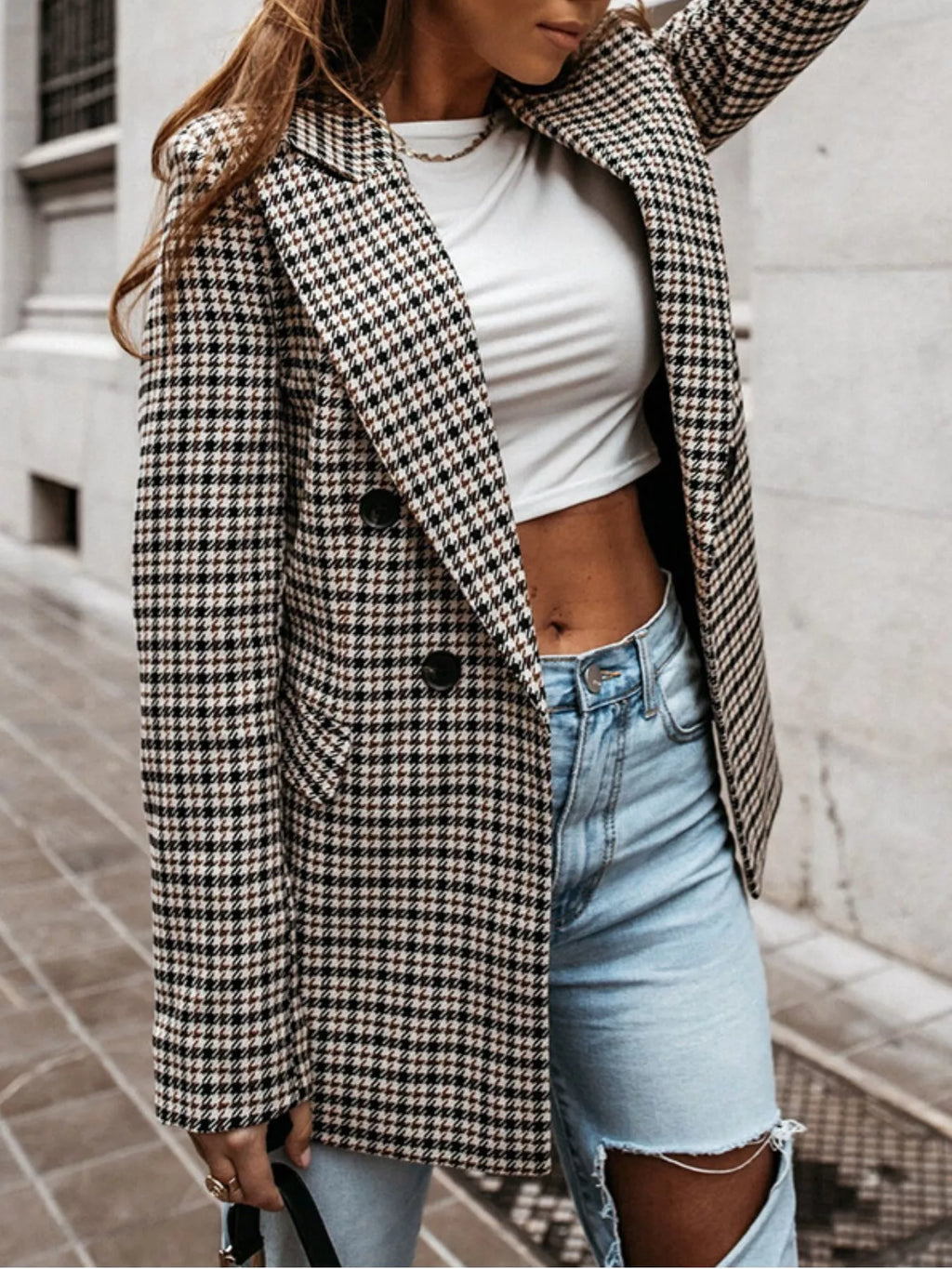 Classic Houndstooth Double-Breasted Blazer - Lilixa.store