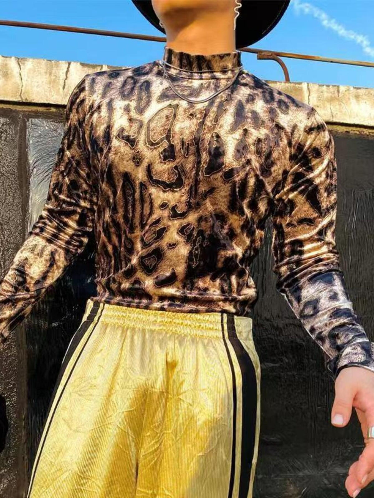 Men's Full Size Leopard Velvet Mock Neck Long Sleeve T-Shirt Plus Size