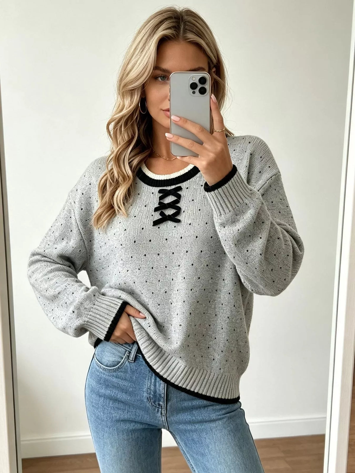 Polka Dot Lace-Up Detail Sweater, view 5