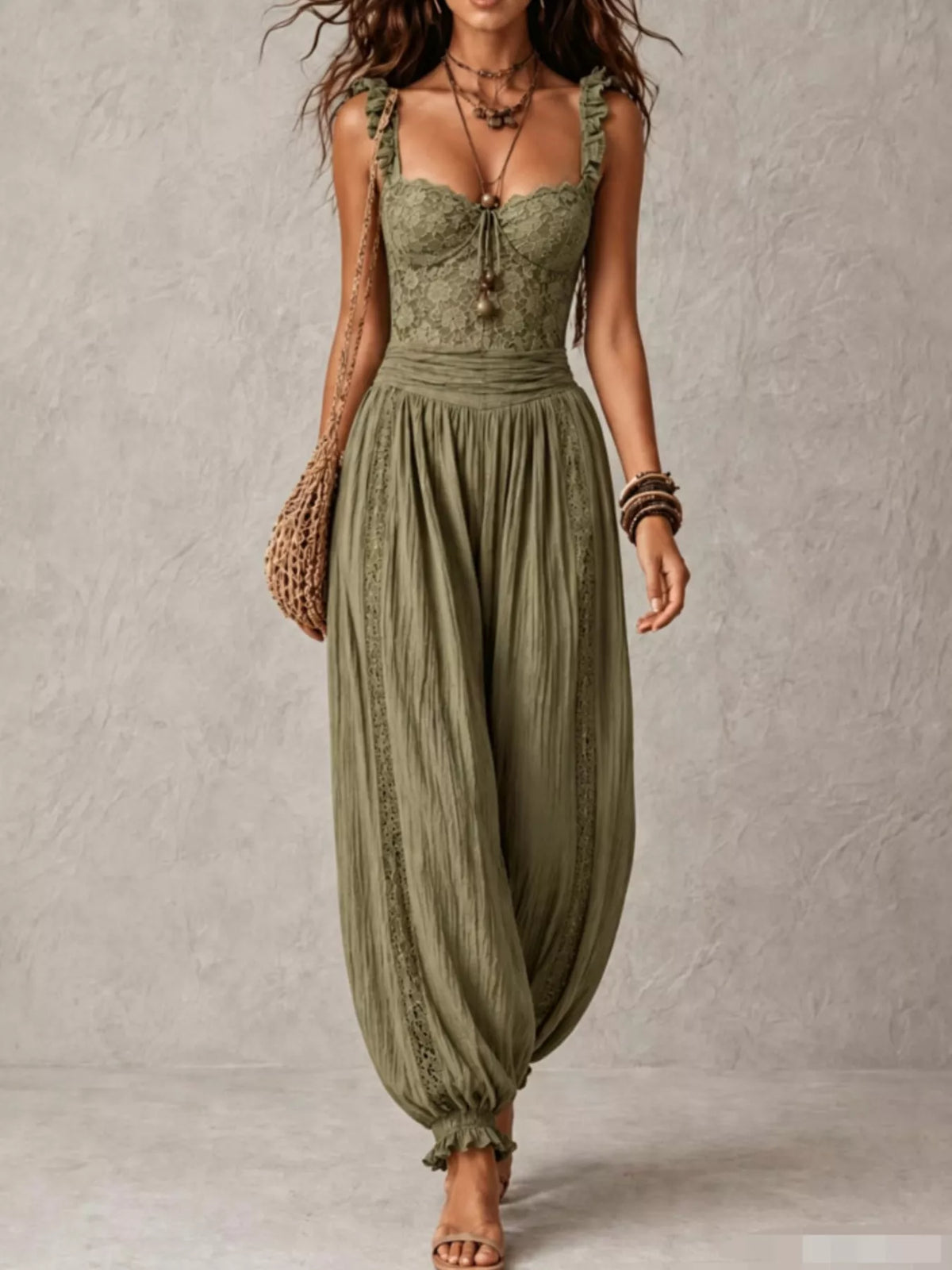 Boho Lace Corset Bodice Jumpsuit with Harem Pants in Army Green