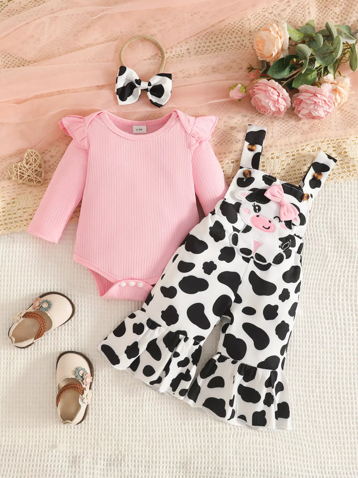 Children's Cow Print Ruffle Jumpsuit and Bodysuit Set with Headband in Pink