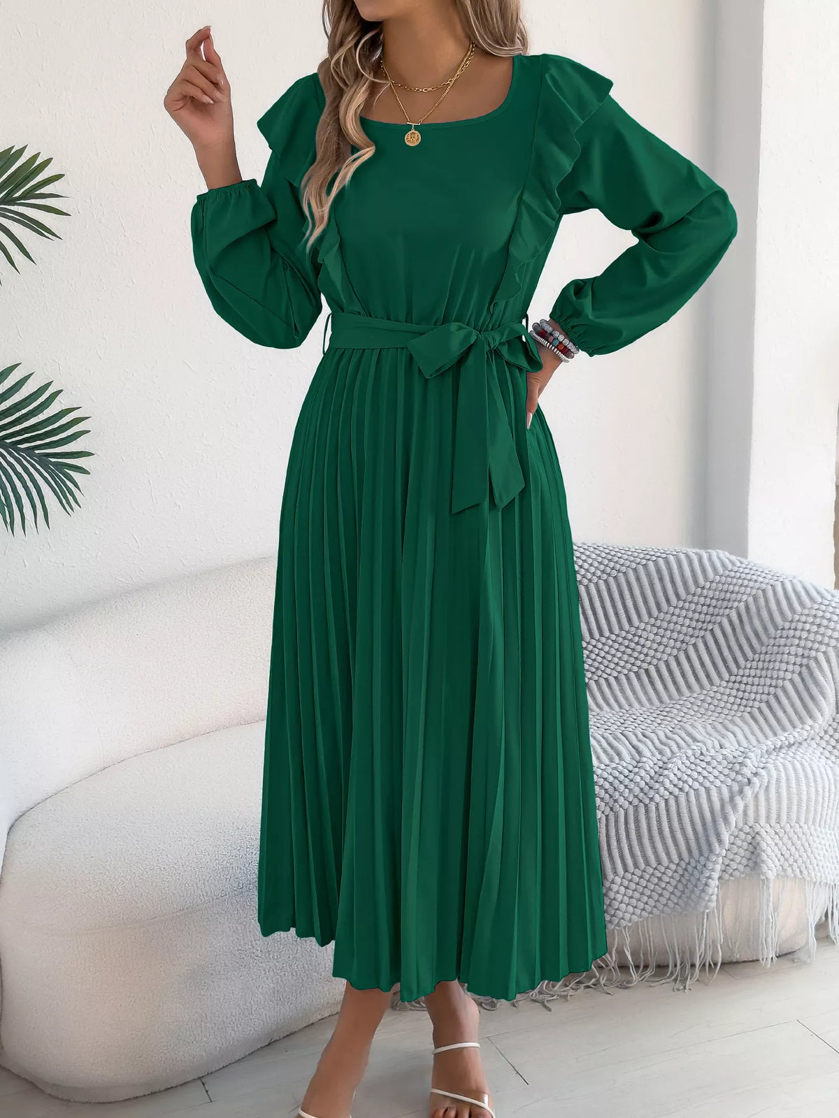 Ruffled Pleated Midi Dress with Waist Tie, view 8