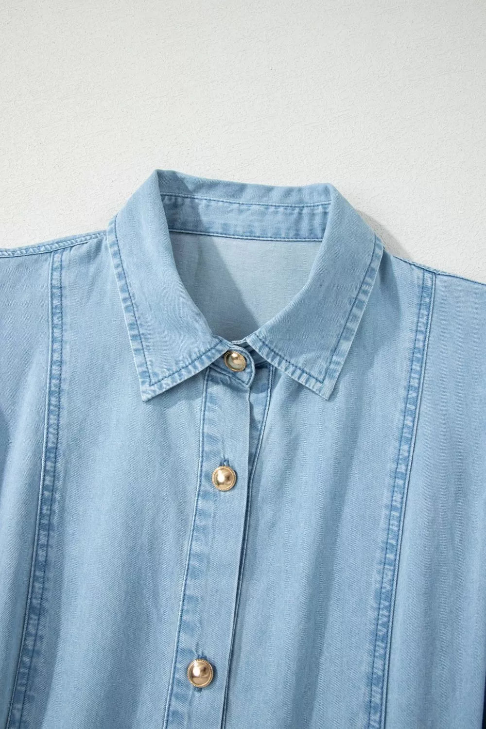 Full Buttons Collared Short Bubble Sleeve Long Denim Dress in Light Blue, view 10