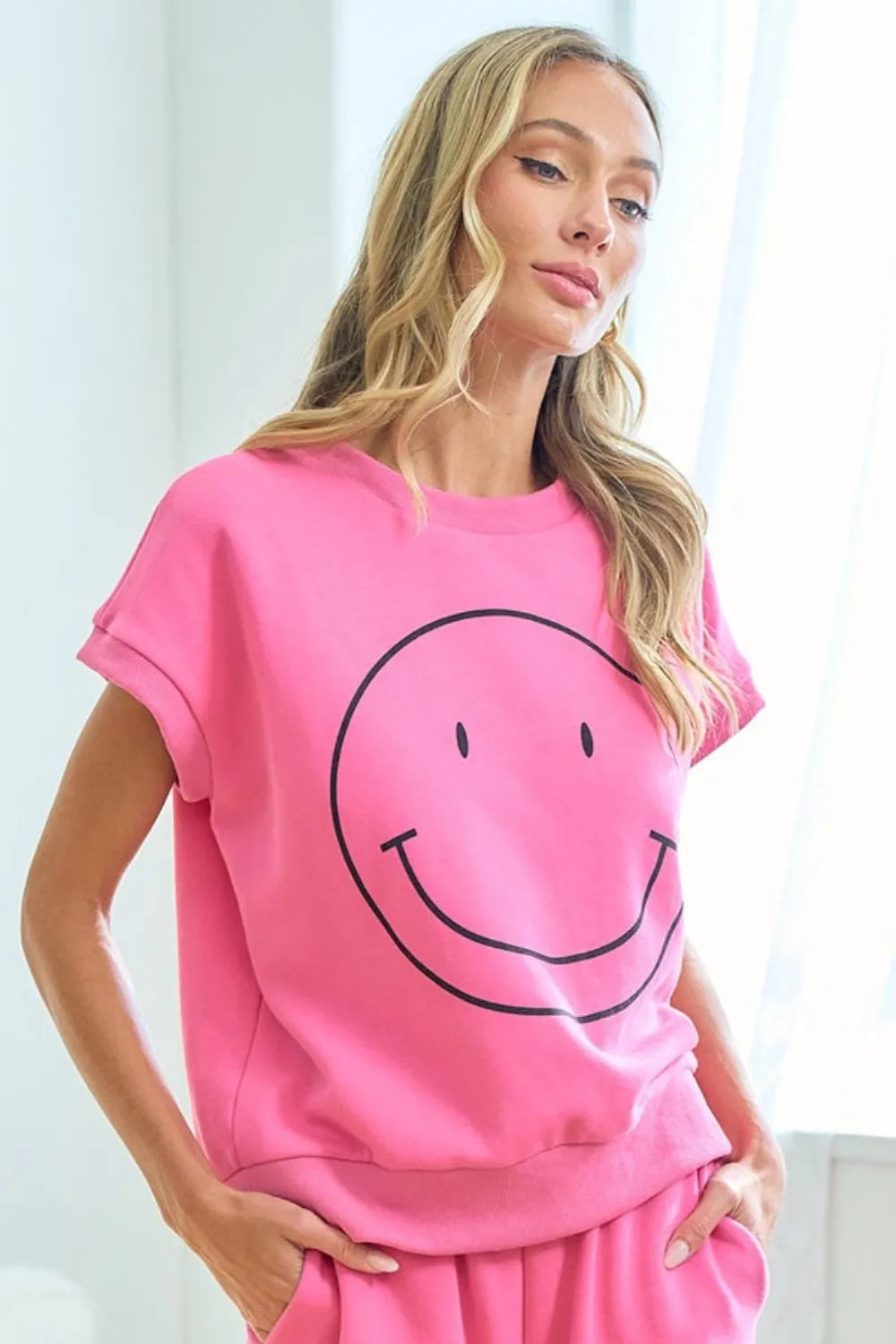 First Love Smile Face Drop Shoulder Brushed Inside T-Shirt - Lilixa.store