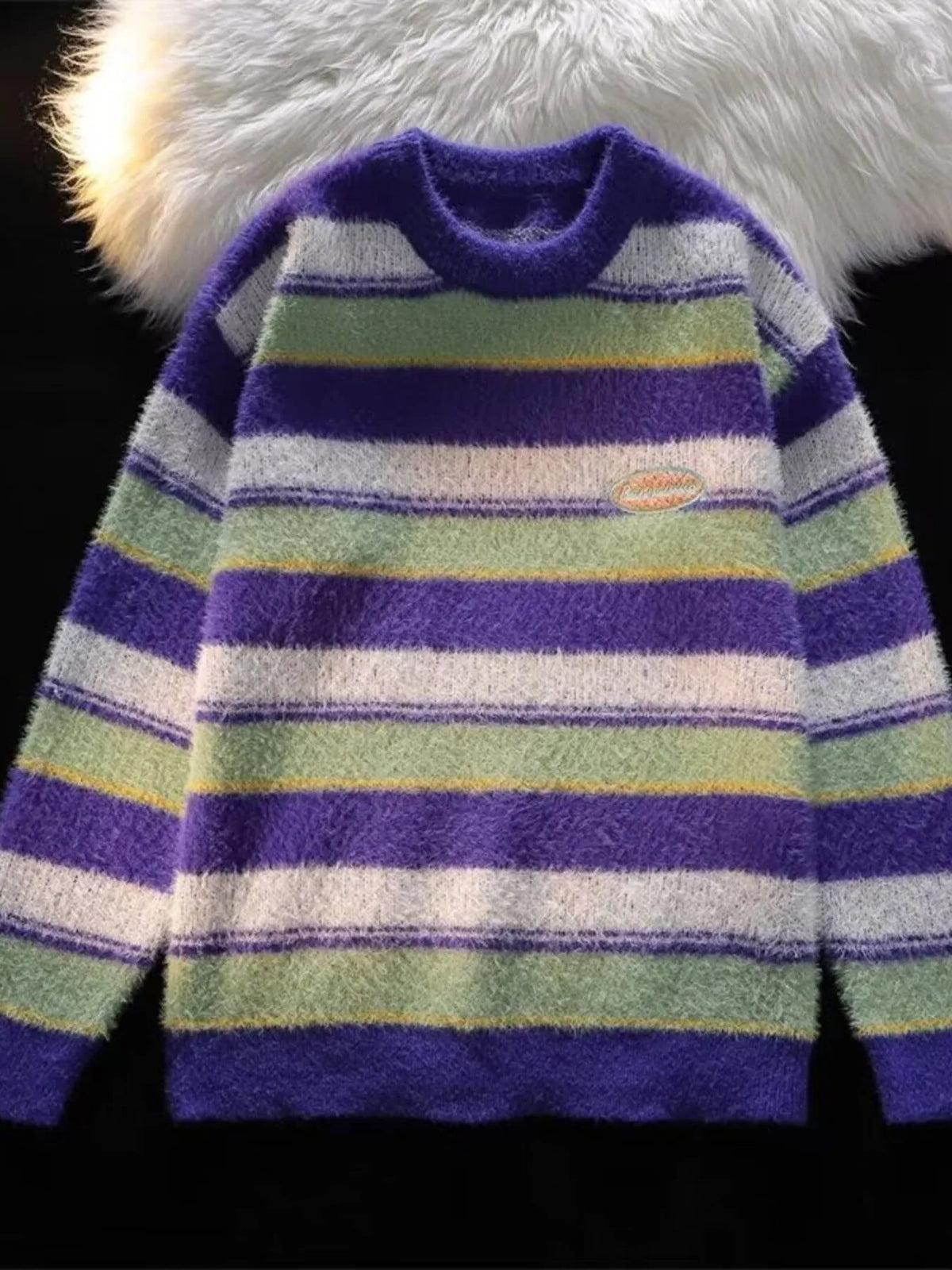 Men's Striped Fuzzy Knit Pullover Sweater in Blue