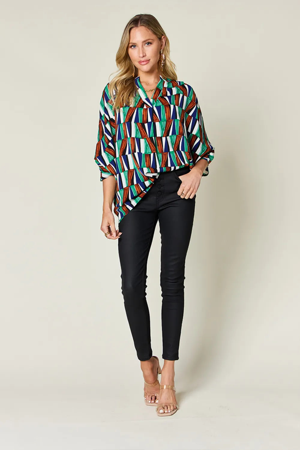 Double Take Full Size Geometric Notched Dolman Sleeve Top - Lilixa.store