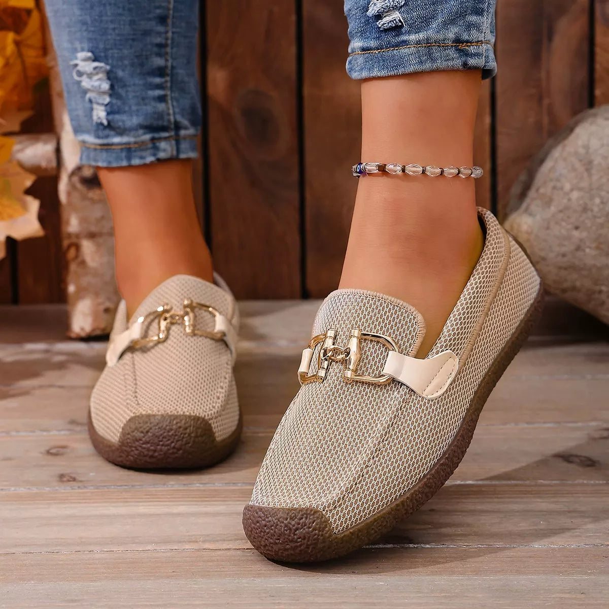 Round Toe Flat Slip-Ons in Khaki