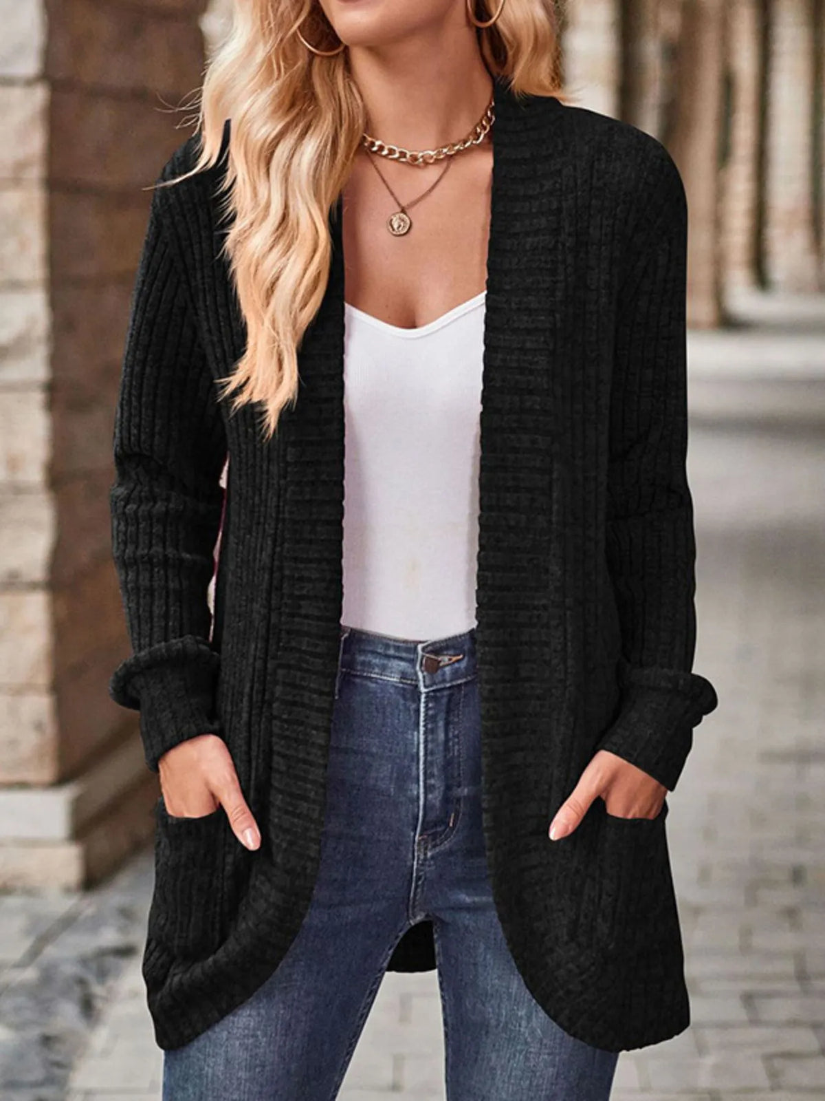 Ribbed Knit Open Front Cardigan with Pockets in Black