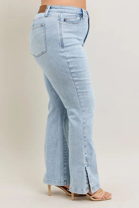 Judy Blue Full Size Tummy Control Vintage Wash Side Slit Slim Boot Jeans Plus Size - Lilixa.store