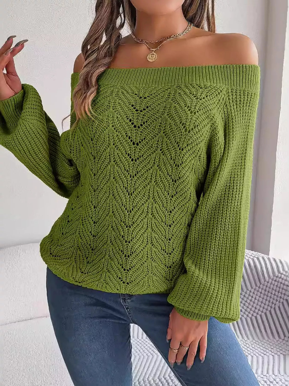 Openwork Off-Shoulder Sweater