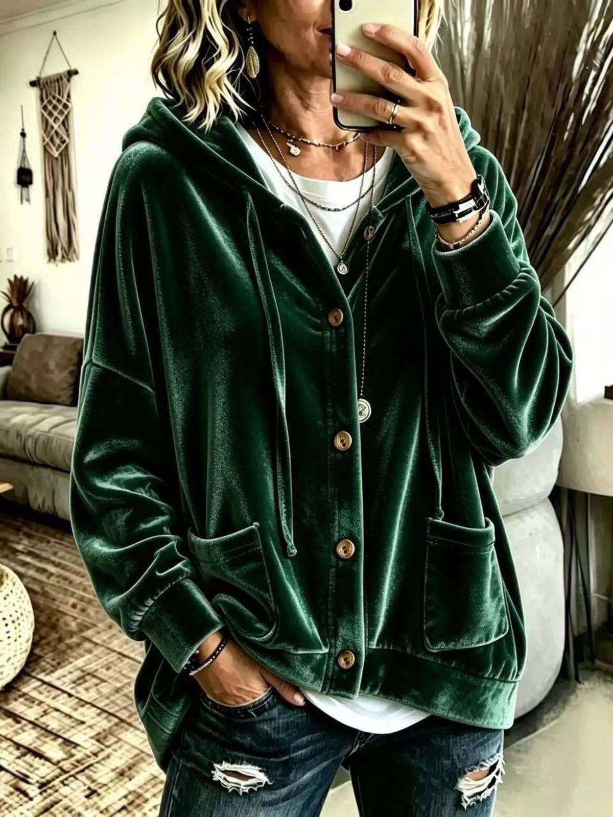 Full Size Casual Button-Down Hooded Outerwear Plus Size in Dark Green