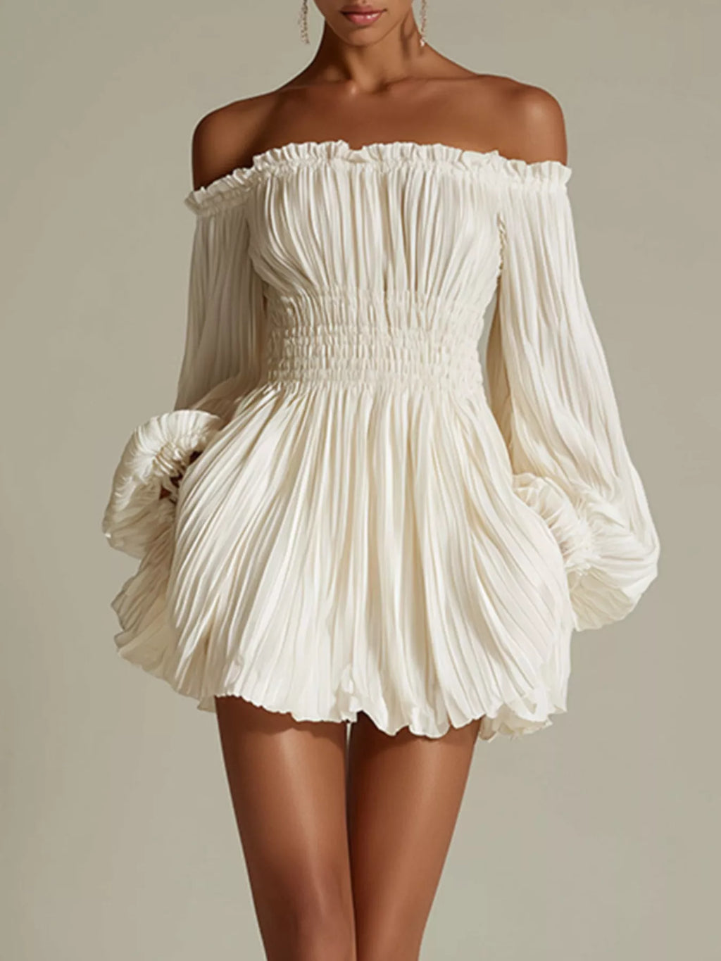 Off-Shoulder Pleated Mini Dress - Lilixa.store