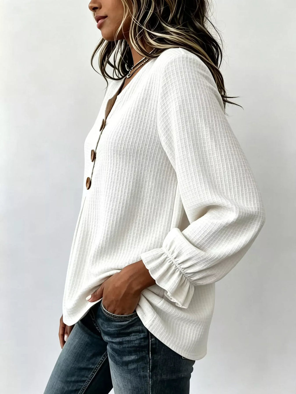 Waffle Knit Long Sleeve Top - Lilixa.store