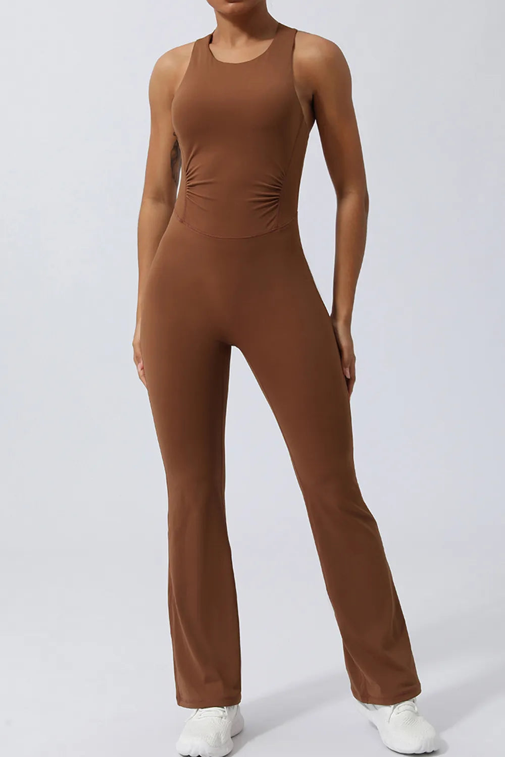 Crisscross Wide Strap Sleeveless Jumpsuit in Brown