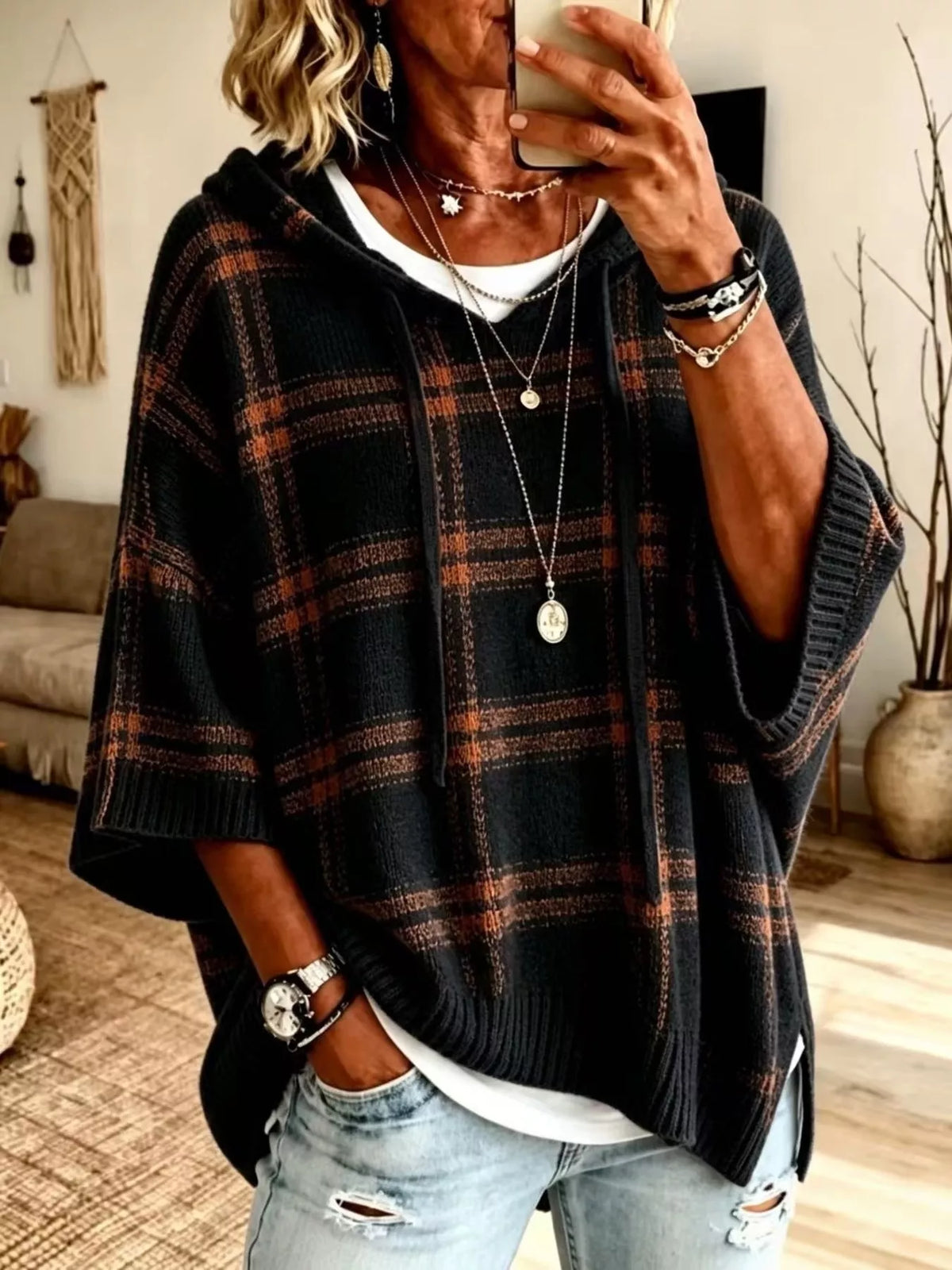 Plaid Hooded Knit Sweater in Black
