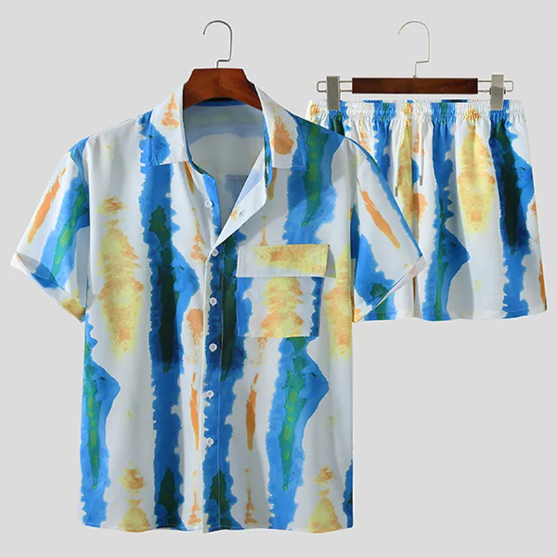 Men's Full Size Printed Button Up Short Sleeve Shirt and Shorts Plus Size in Light Blue
