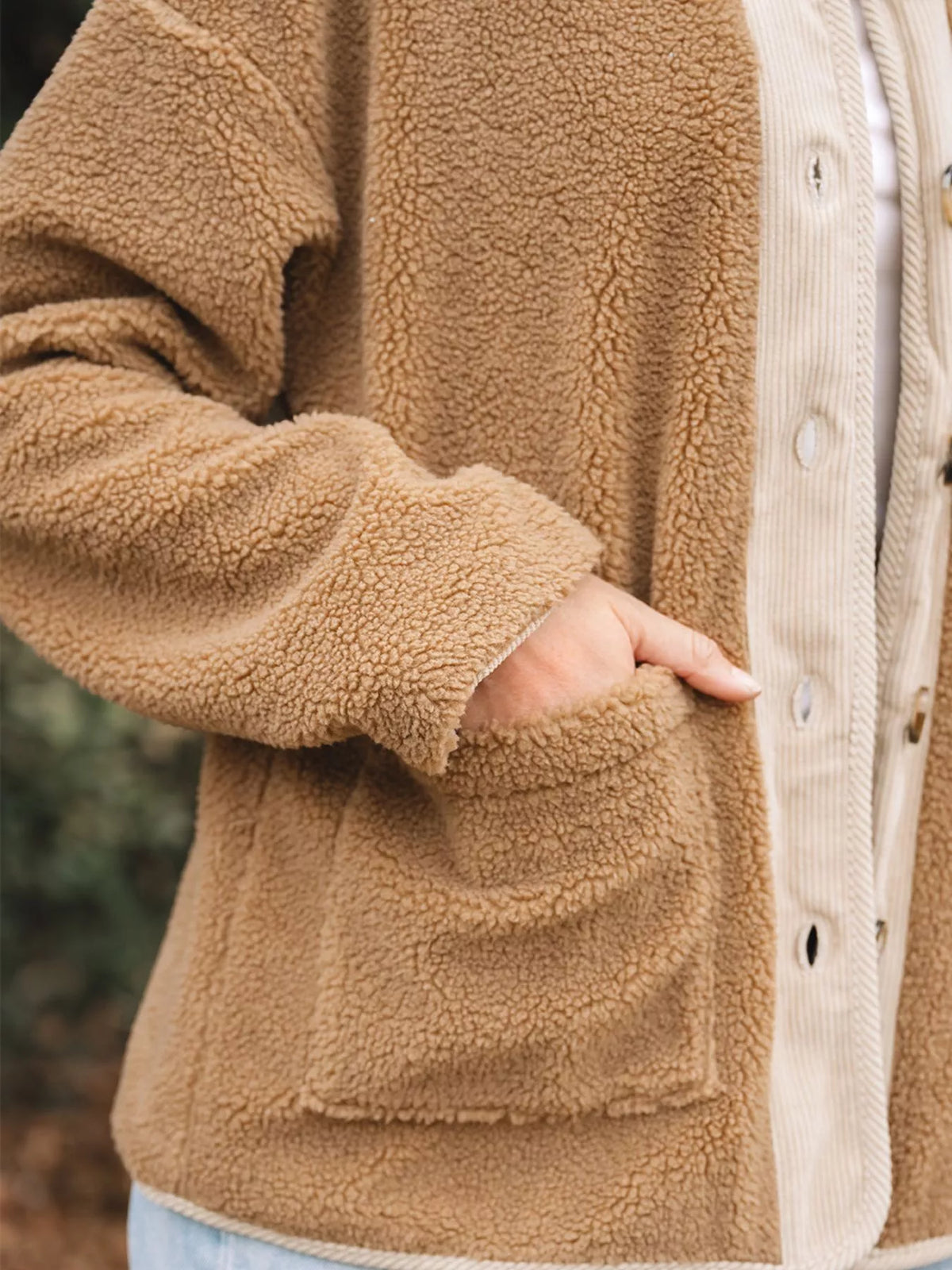 Puffy Plush Corduroy Edge Patchwork Jacket with Pockets in Camel, view 6