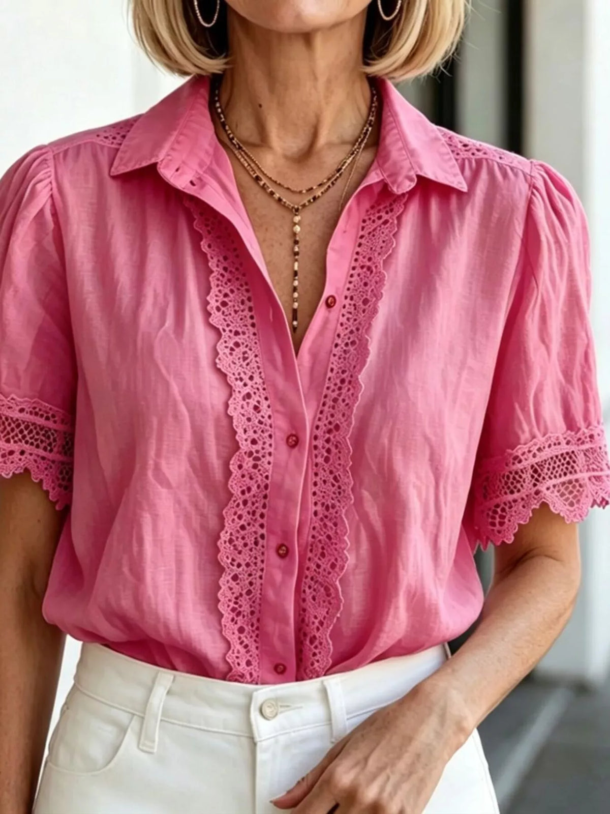 Lace-Trimmed Short Sleeve Button-Down Shirt - Lilixa.store