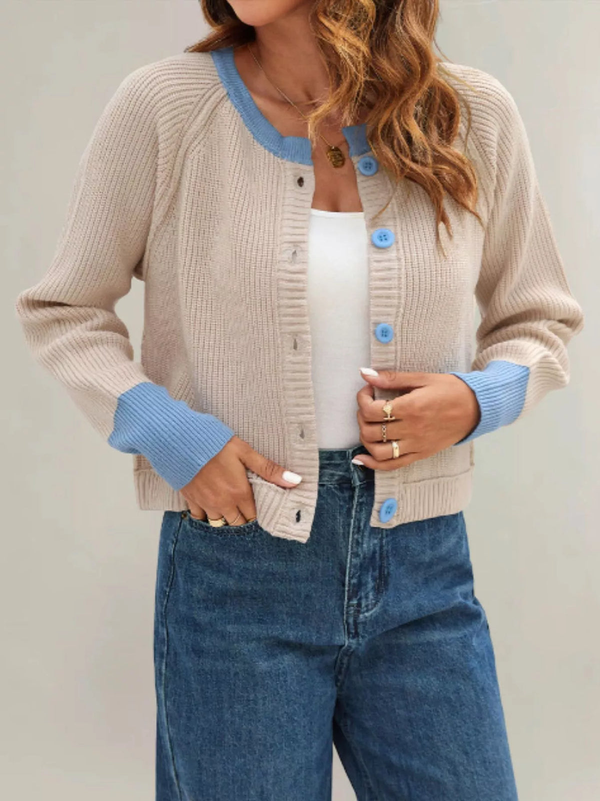 Color Block Ribbed Knit Button-Front Cardigan - Lilixa.store