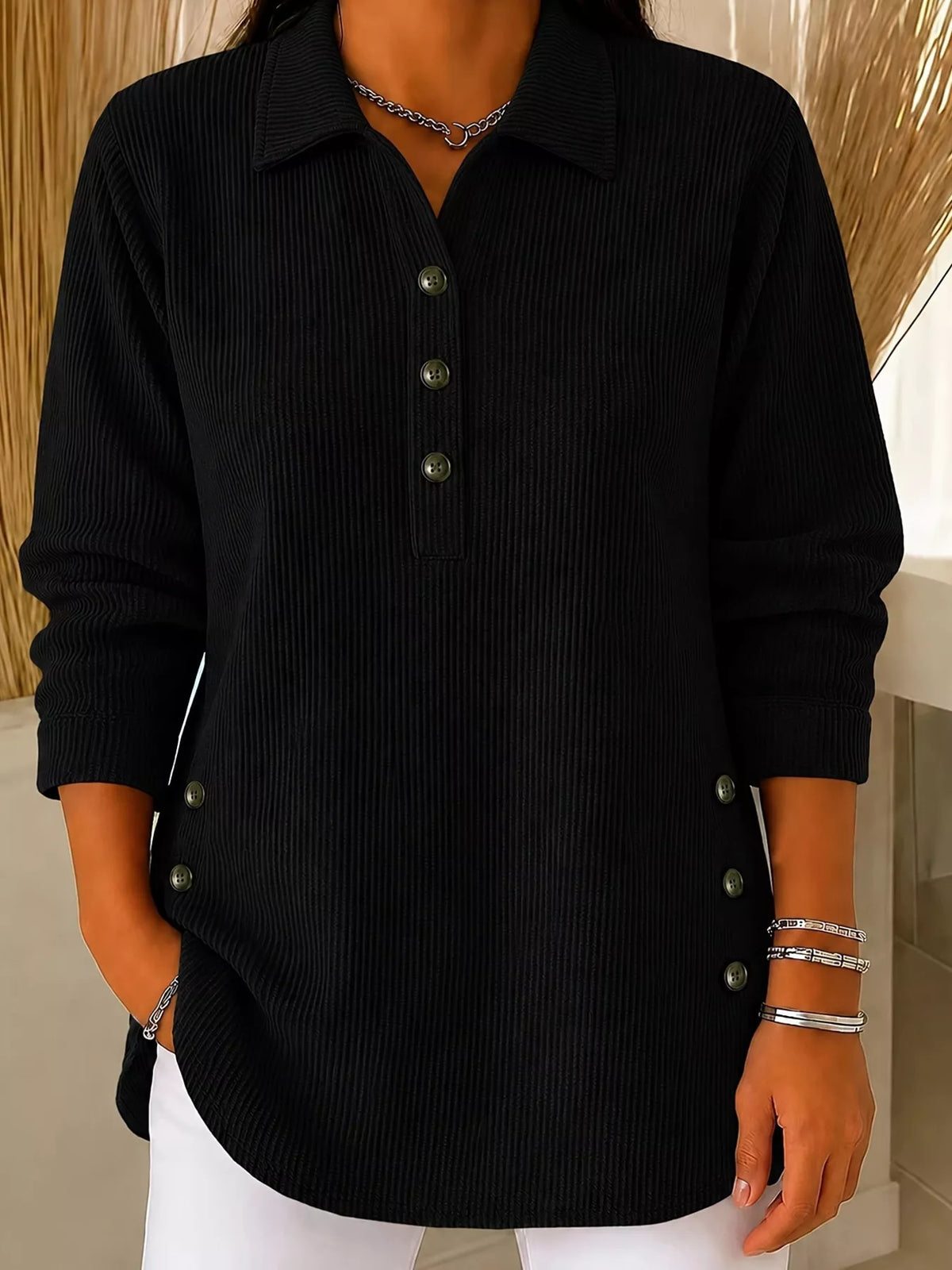Full Size Button Detail Long Sleeve Top Plus Size - Lilixa.store