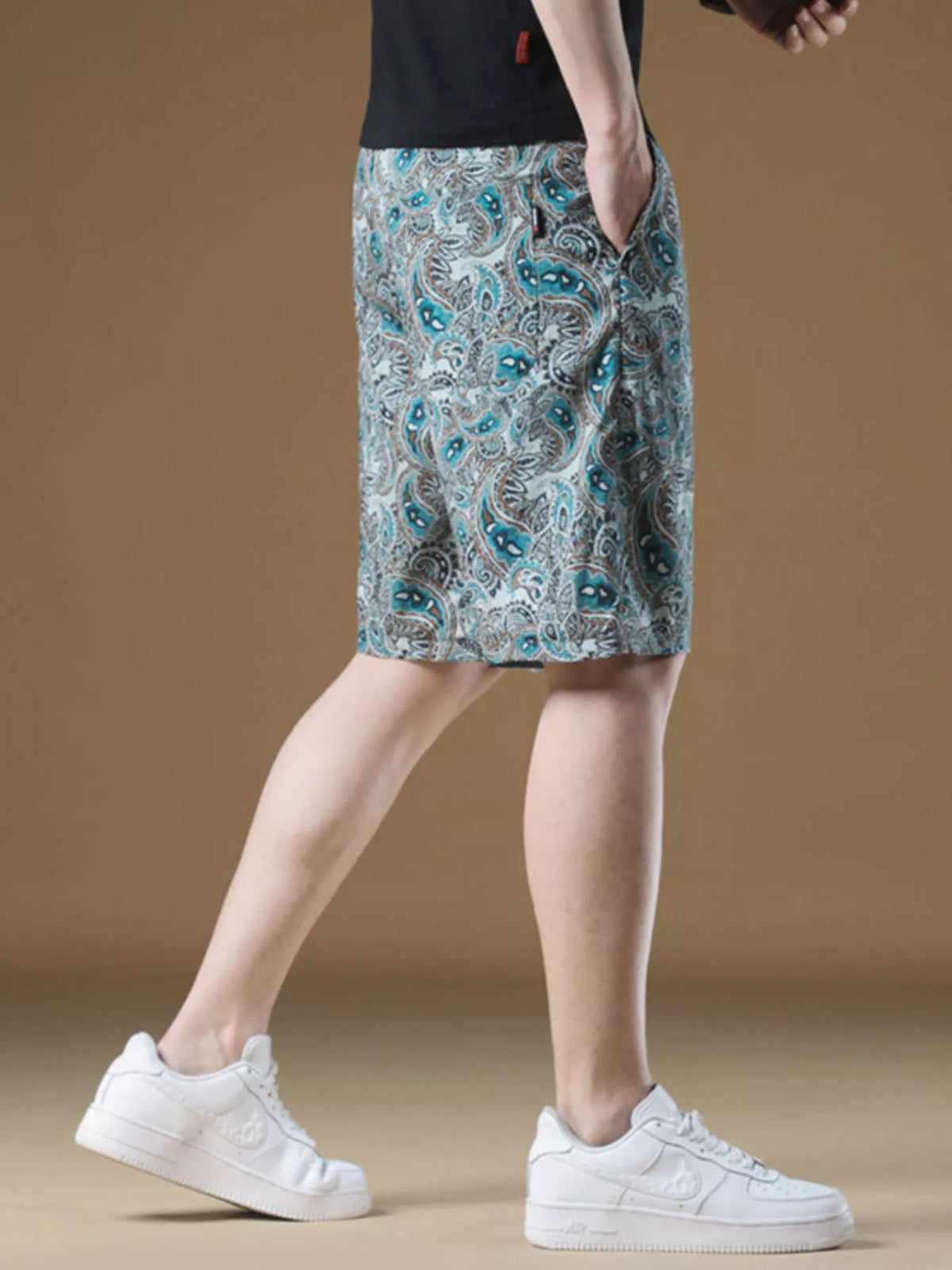 Men's Plus Size Paisley Print Drawstring Beach Shorts in French Blue, view 4