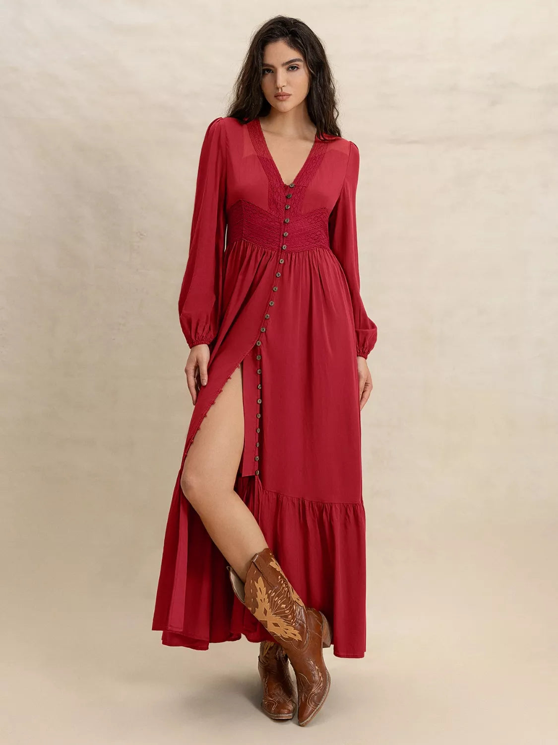 V-Neck Balloon Sleeve Ruffled Hem Maxi Dress - Lilixa.store