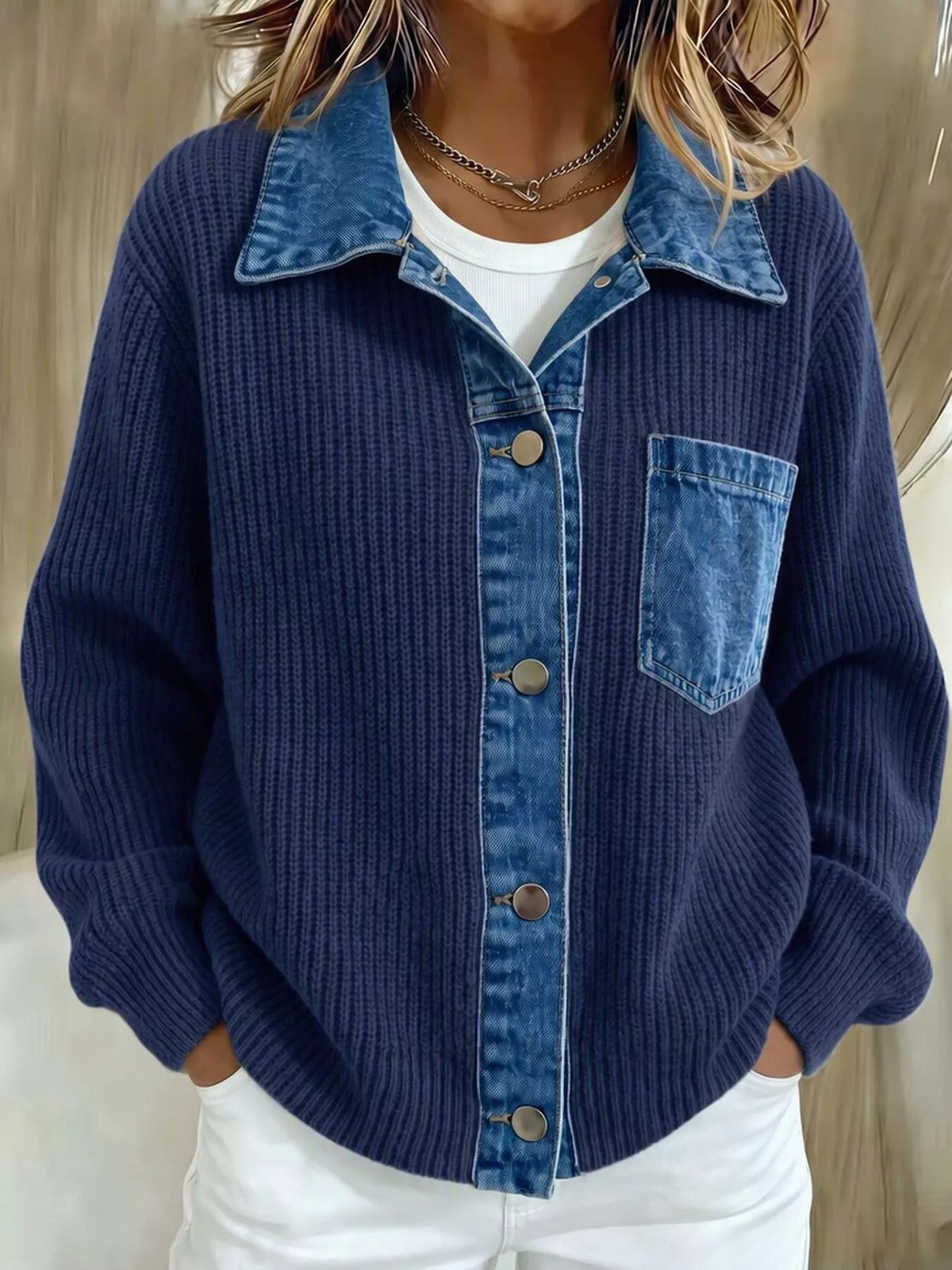 Denim Trim Button Up Cardigan - Lilixa.store