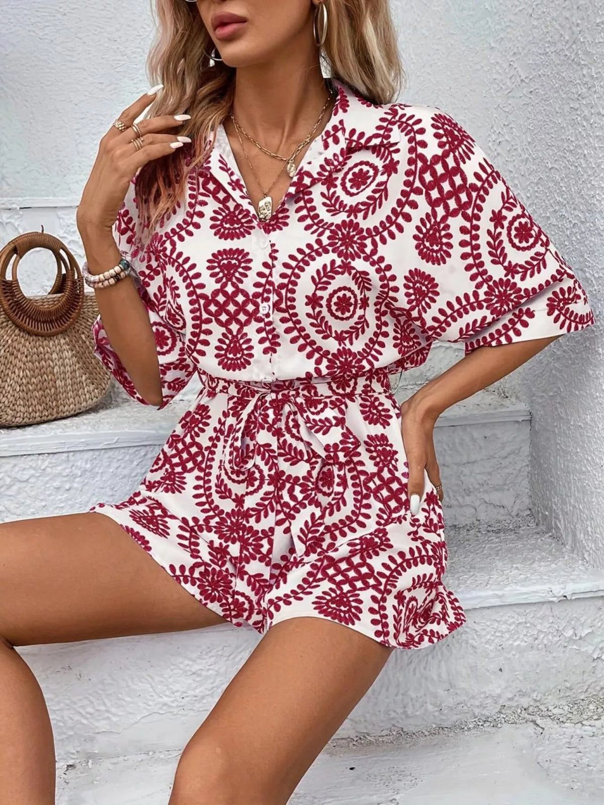Printed Tie Waist Button Front Romper - Lilixa.store