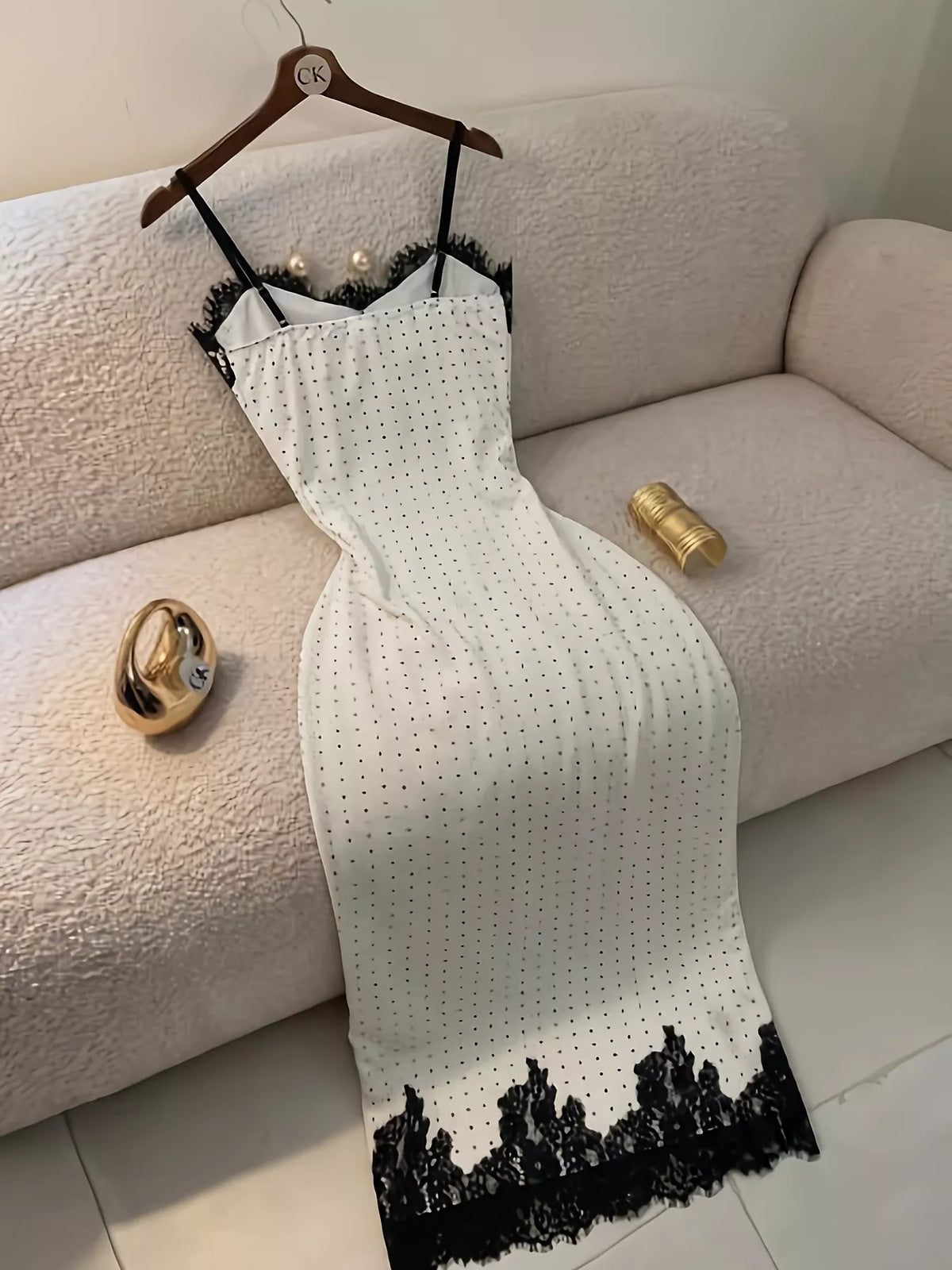 Polka Dot Lace Trim Spaghetti Strap Maxi Dress