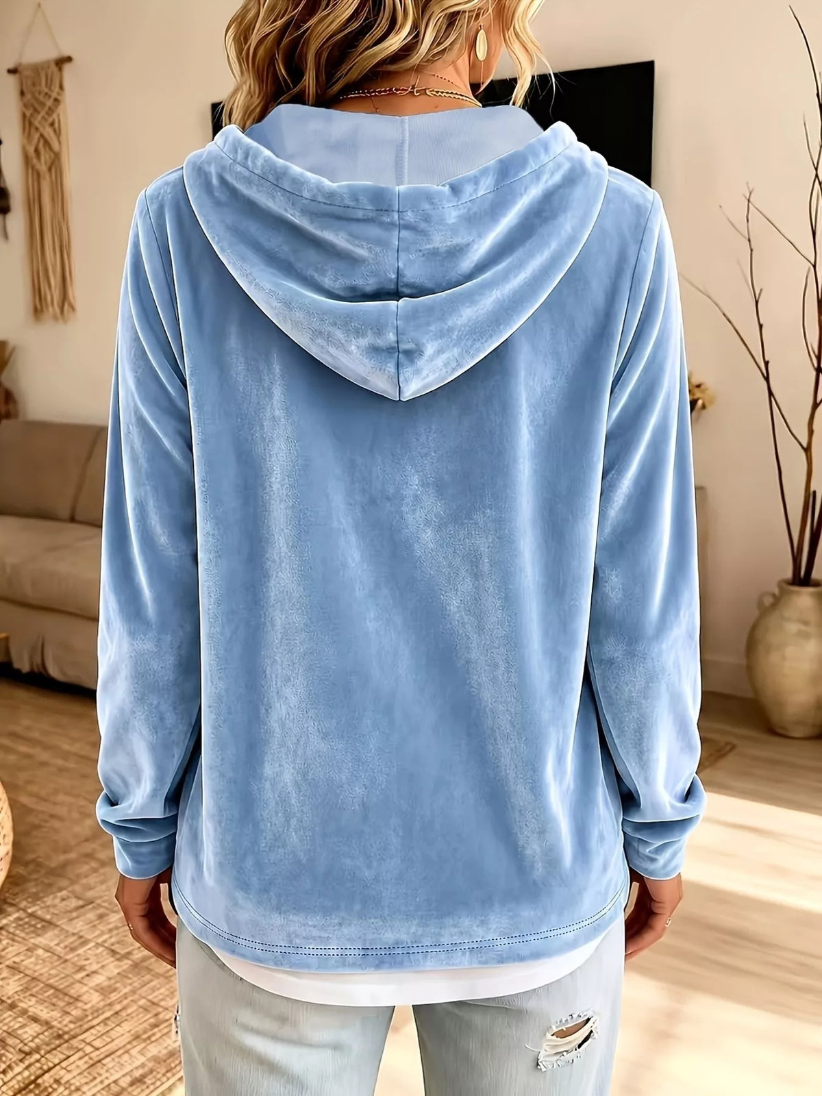 Full Size Drawstring Velvet Long Sleeve Hoodie Plus Size, view 3