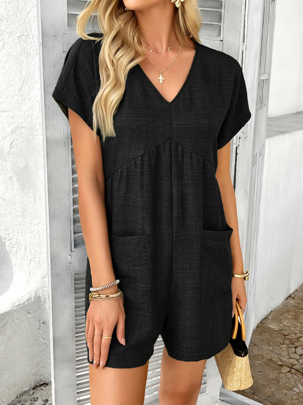 V-Neck Casual Short Sleeve Romper with Pockets, view 10