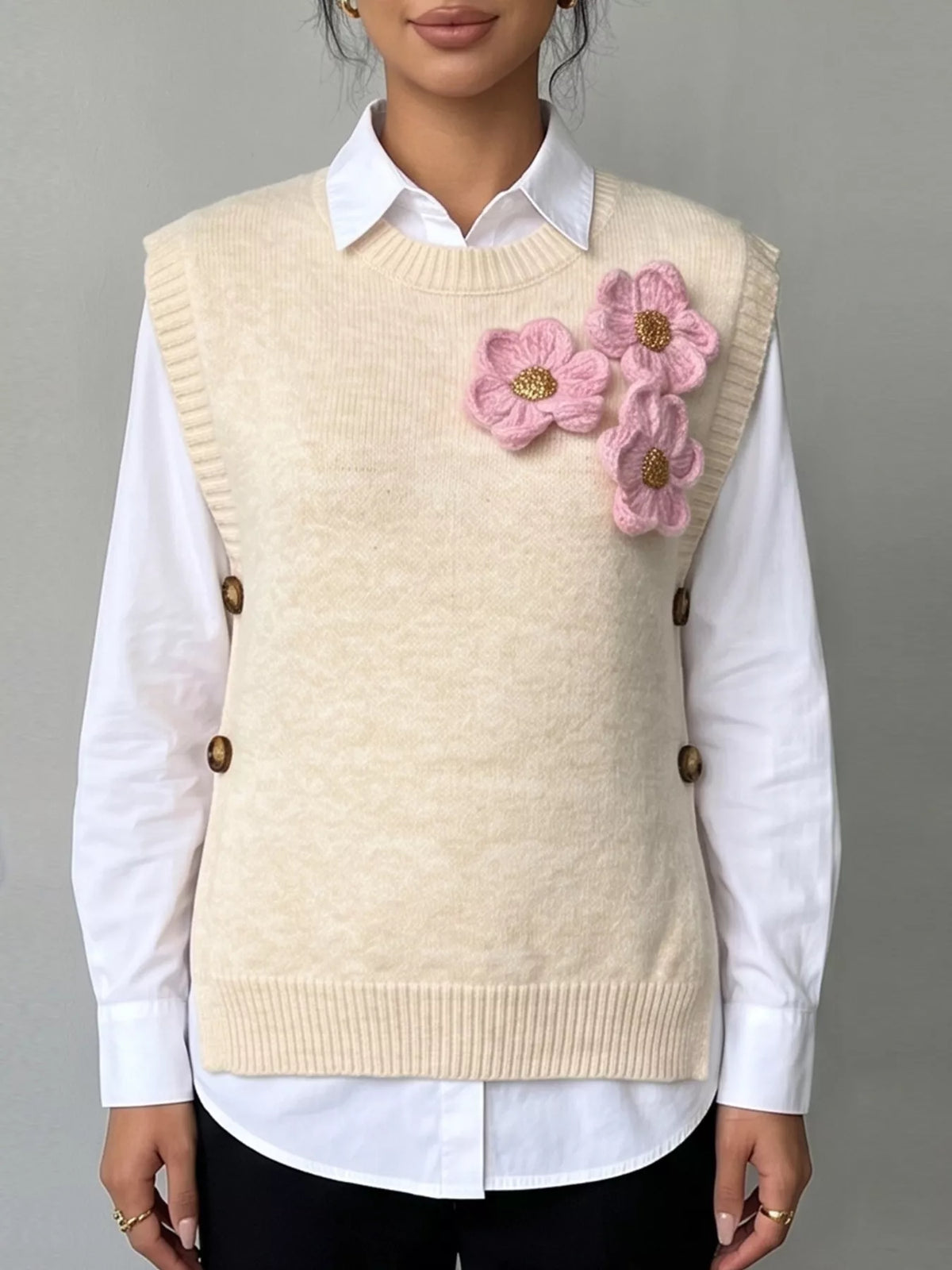 Side Button Sweater Vest with 3D Floral Appliques in Apricot