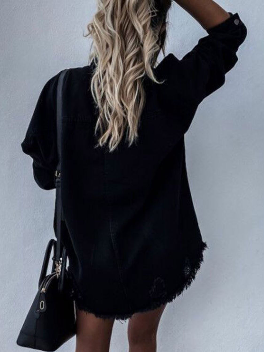 Raw Hem Collared Neck Long Sleeve Denim Jacket in Black, view 6