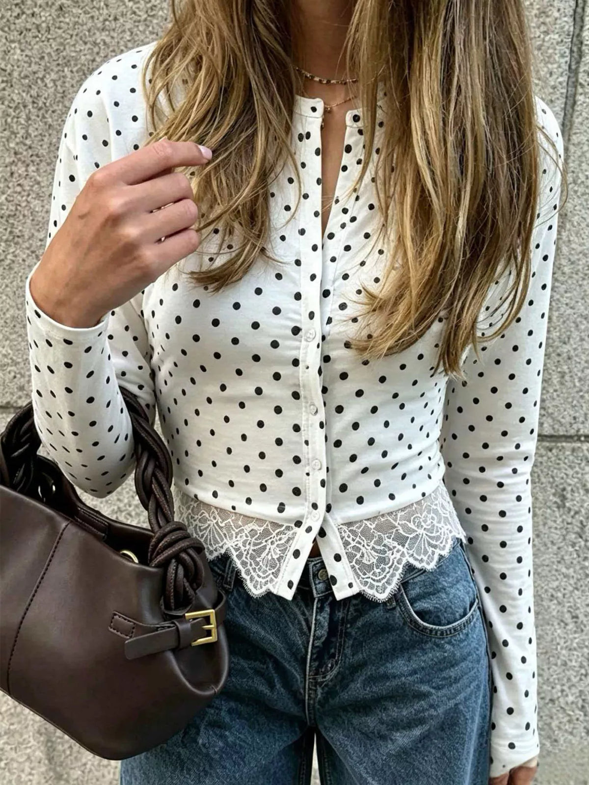 Polka Dot Long Sleeve Top with Lace Trim - Lilixa.store