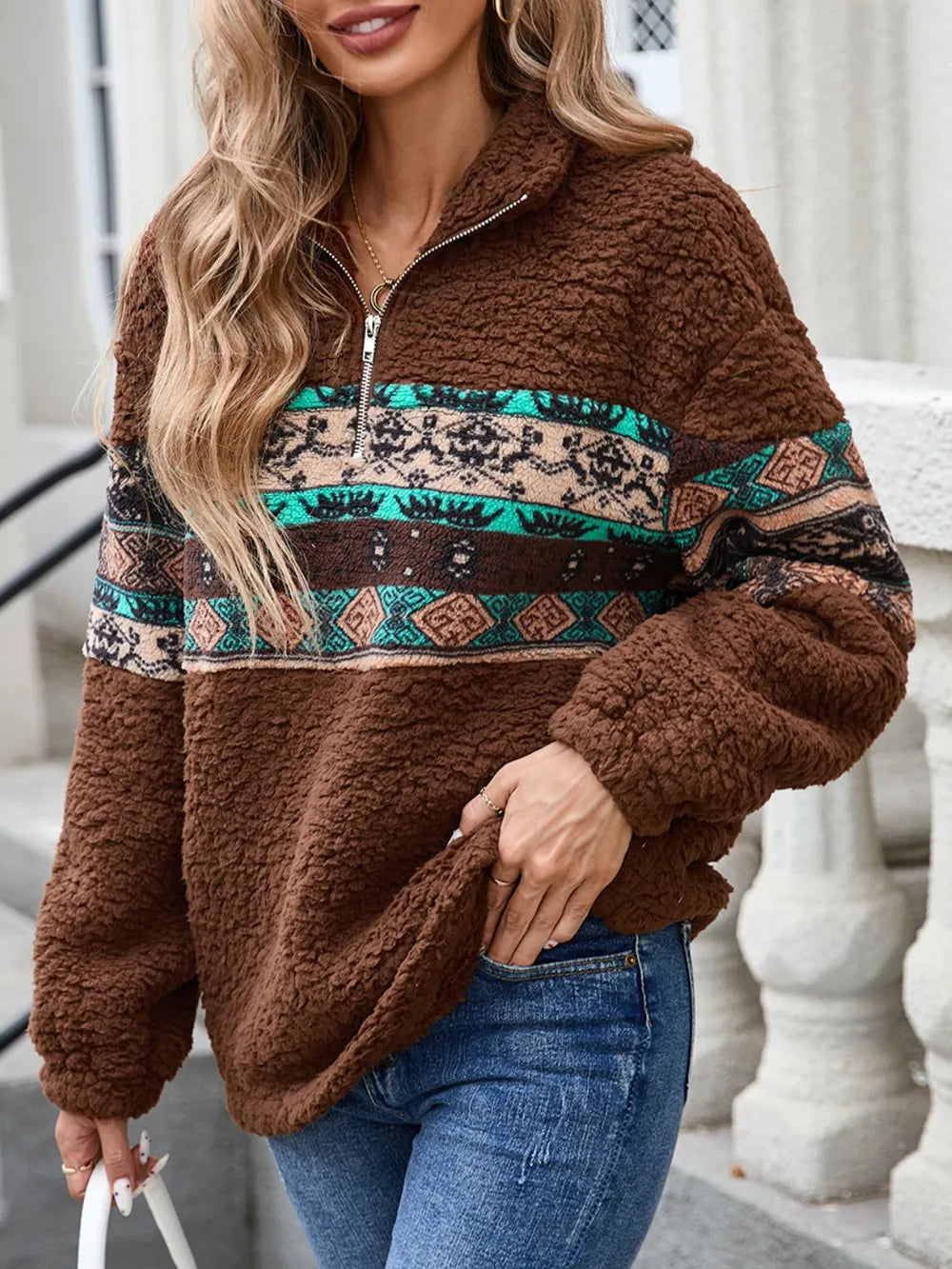 Half Zip Long Sleeve Fuzzy Top - Lilixa.store