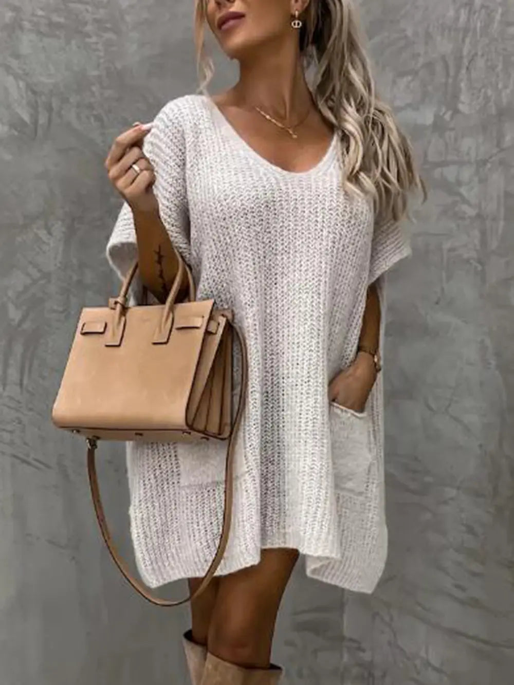 V-Neck Short Sleeve Sweater with Pockets in White