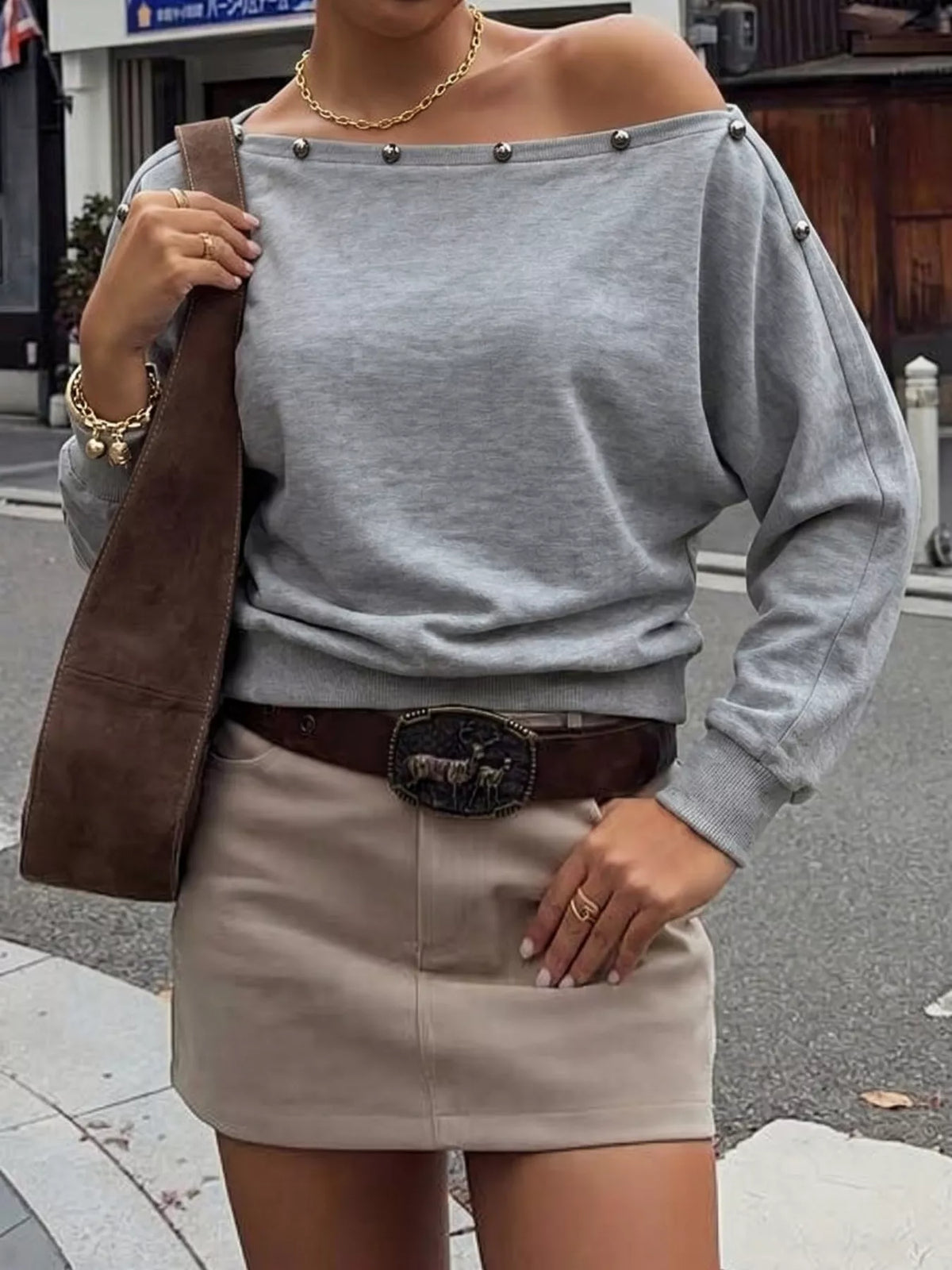 Studded Off Shoulder Long Sleeve T-Shirt