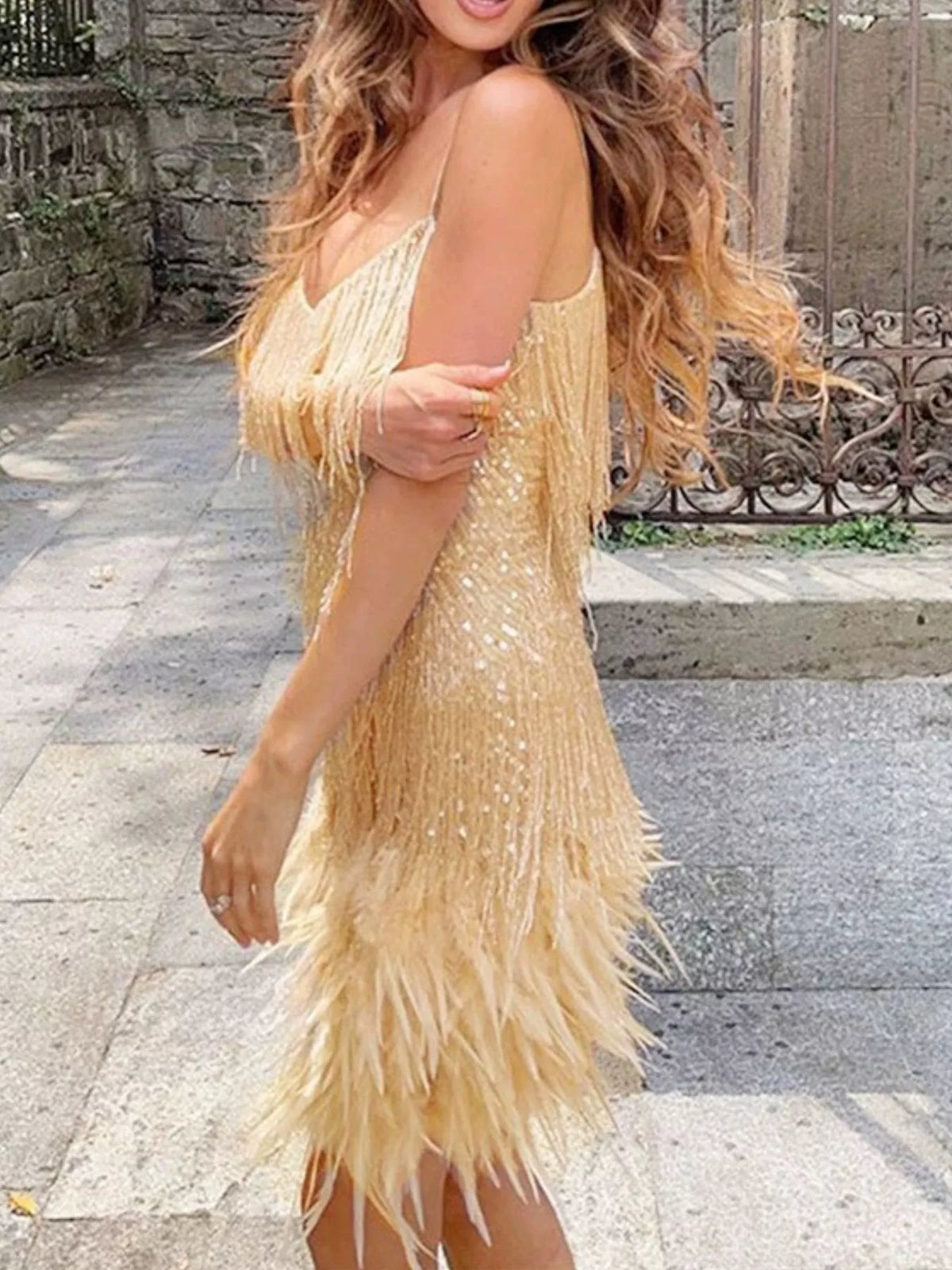 Full Size Sequin and Feather Fringe Mini Dress Plus Size - Lilixa.store