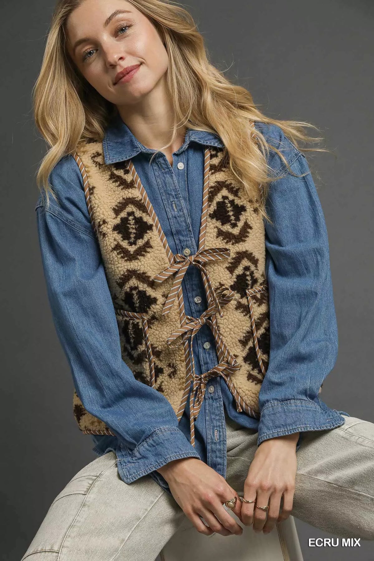 Umgee Mix Patterned Sherpa Tie-Front Vest - Lilixa.store