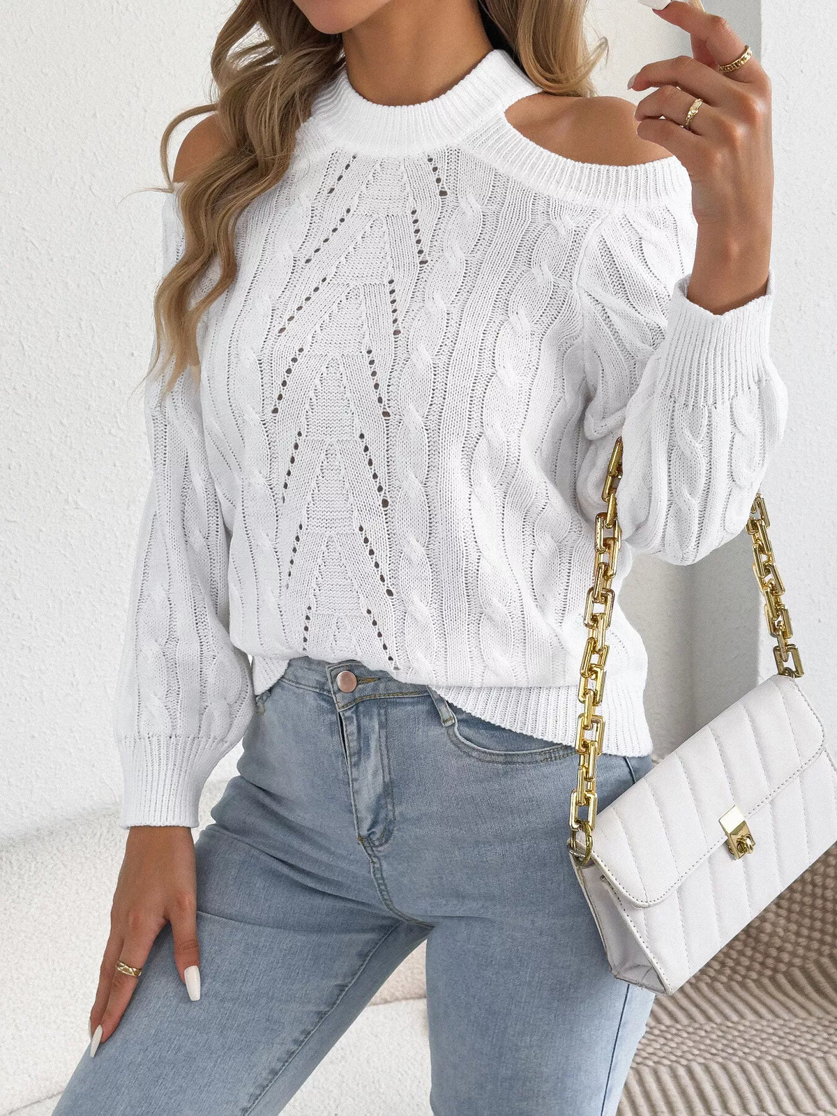 Cold Shoulder Cable Knit Sweater