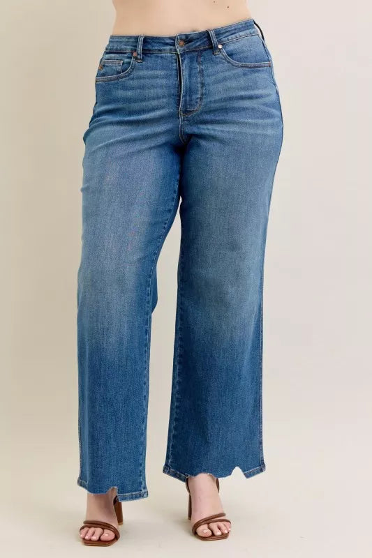 Judy Blue Full Size High Waist Tummy Control Chew Hem Destroy Wide Jeans Plus Size - Lilixa.store