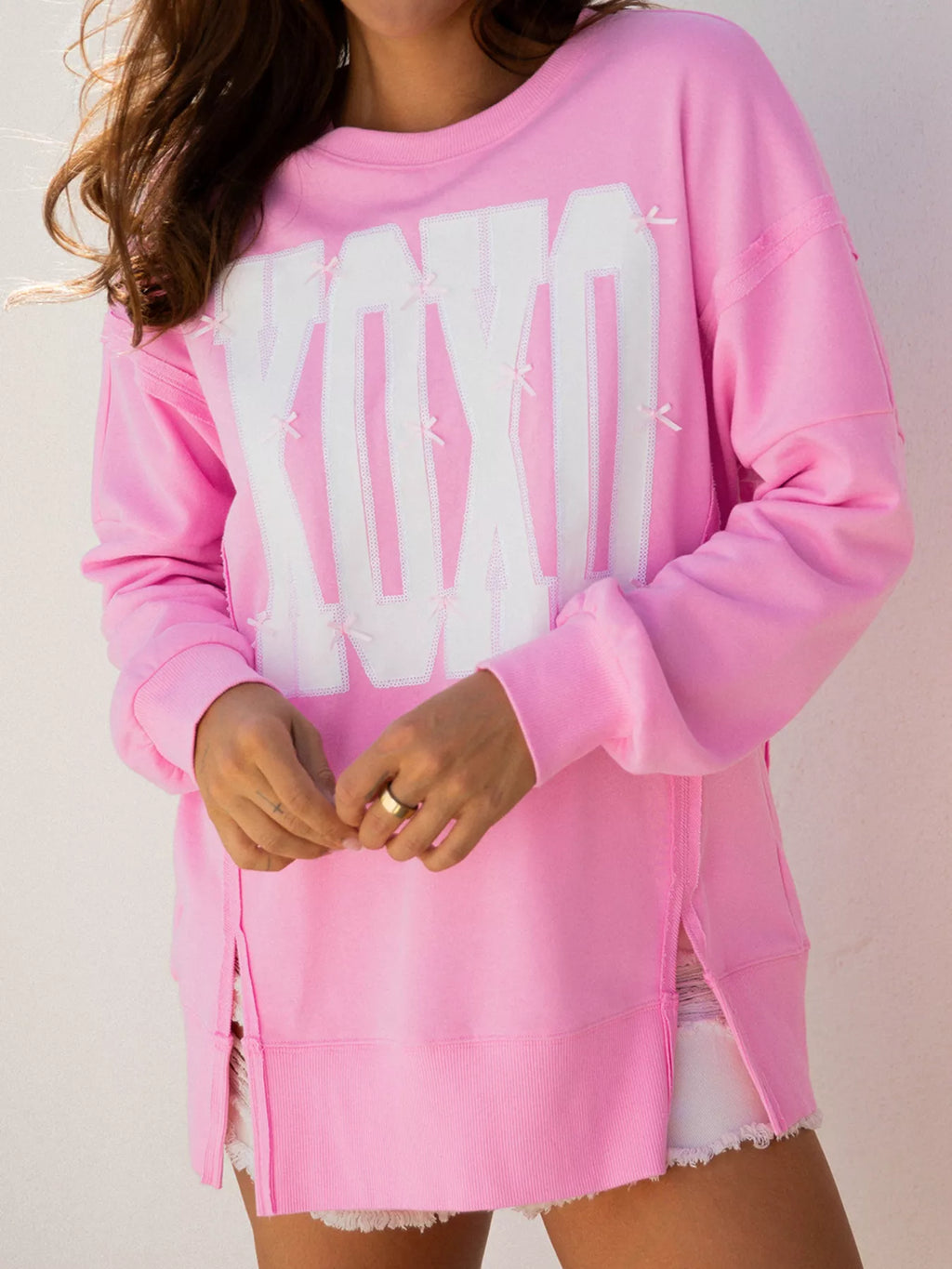 Sequin XOXO Letter Graphic Exposed Seam Baggy Sweatshirt - Lilixa.store