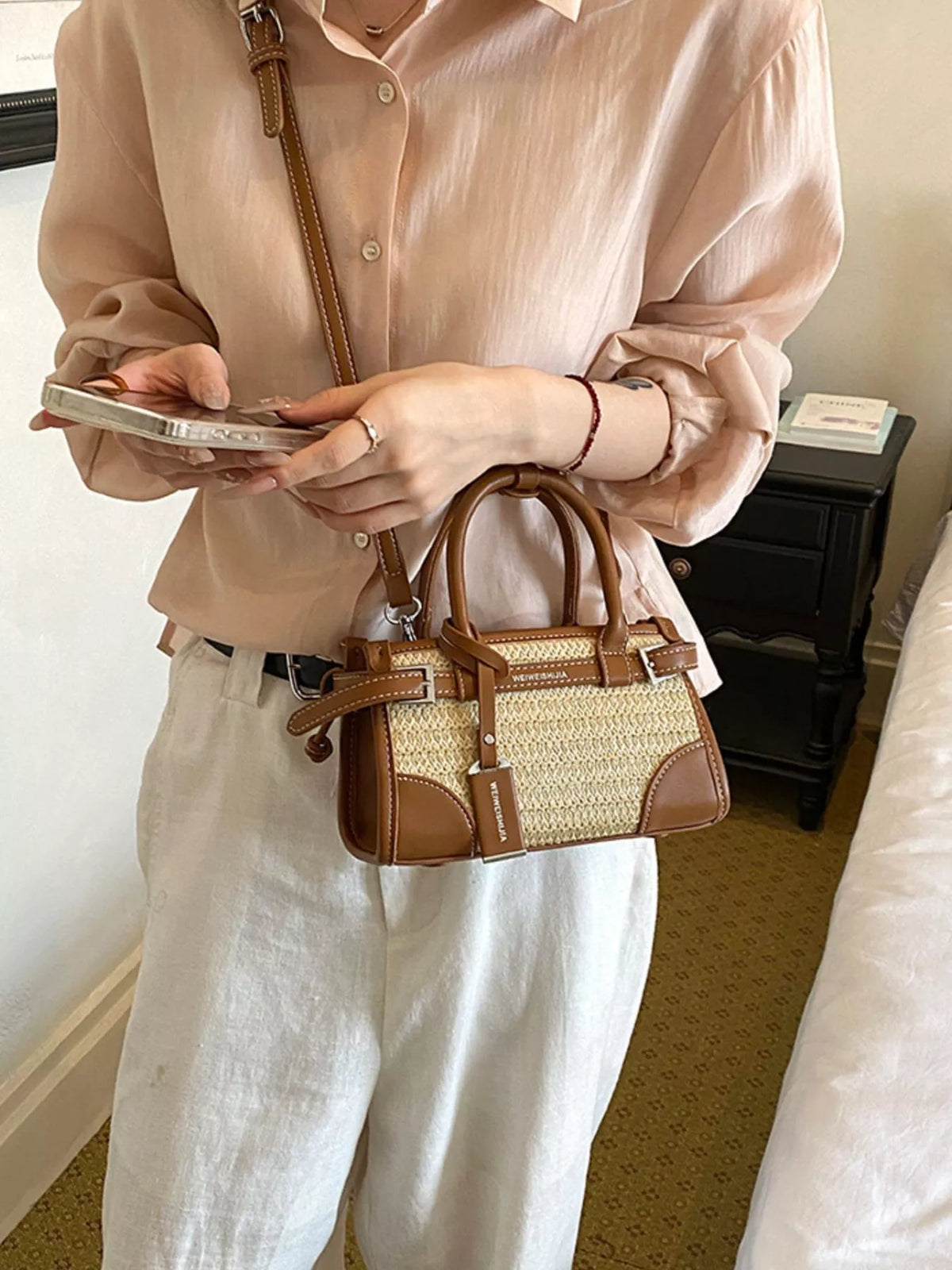 Leather Trim Woven Crossbody Bag