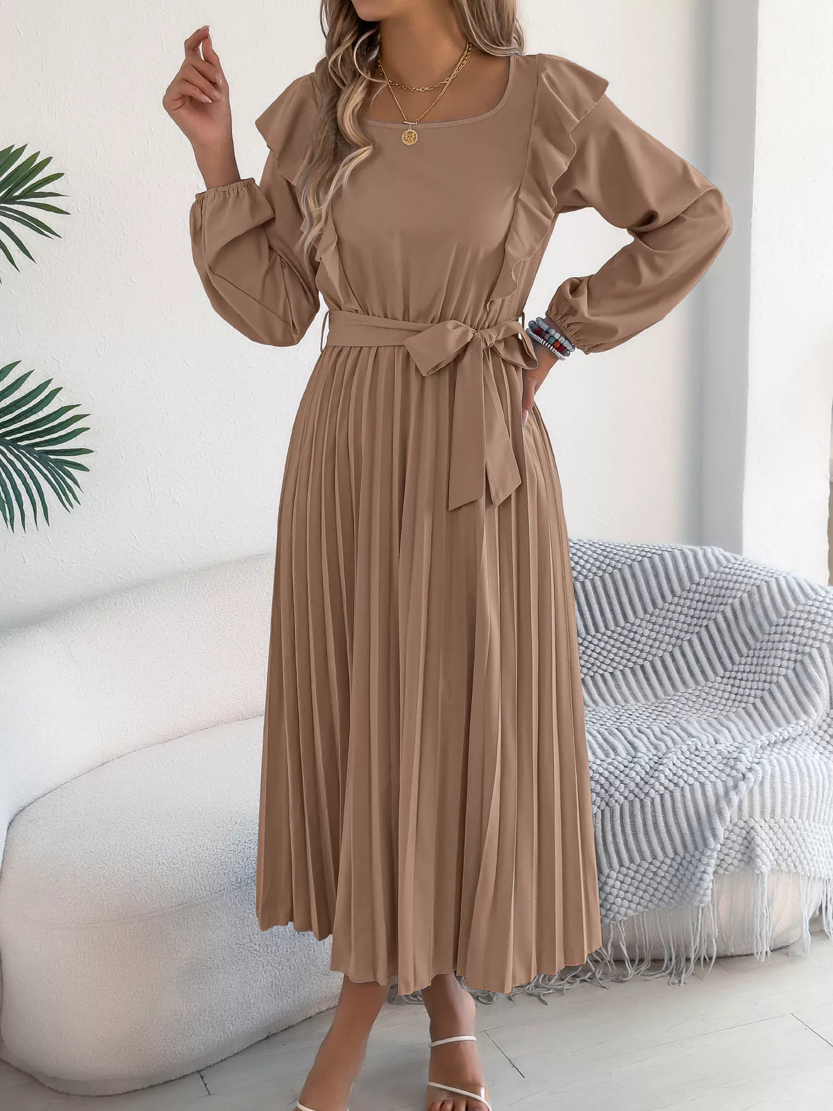 Ruffled Pleated Midi Dress with Waist Tie, view 13